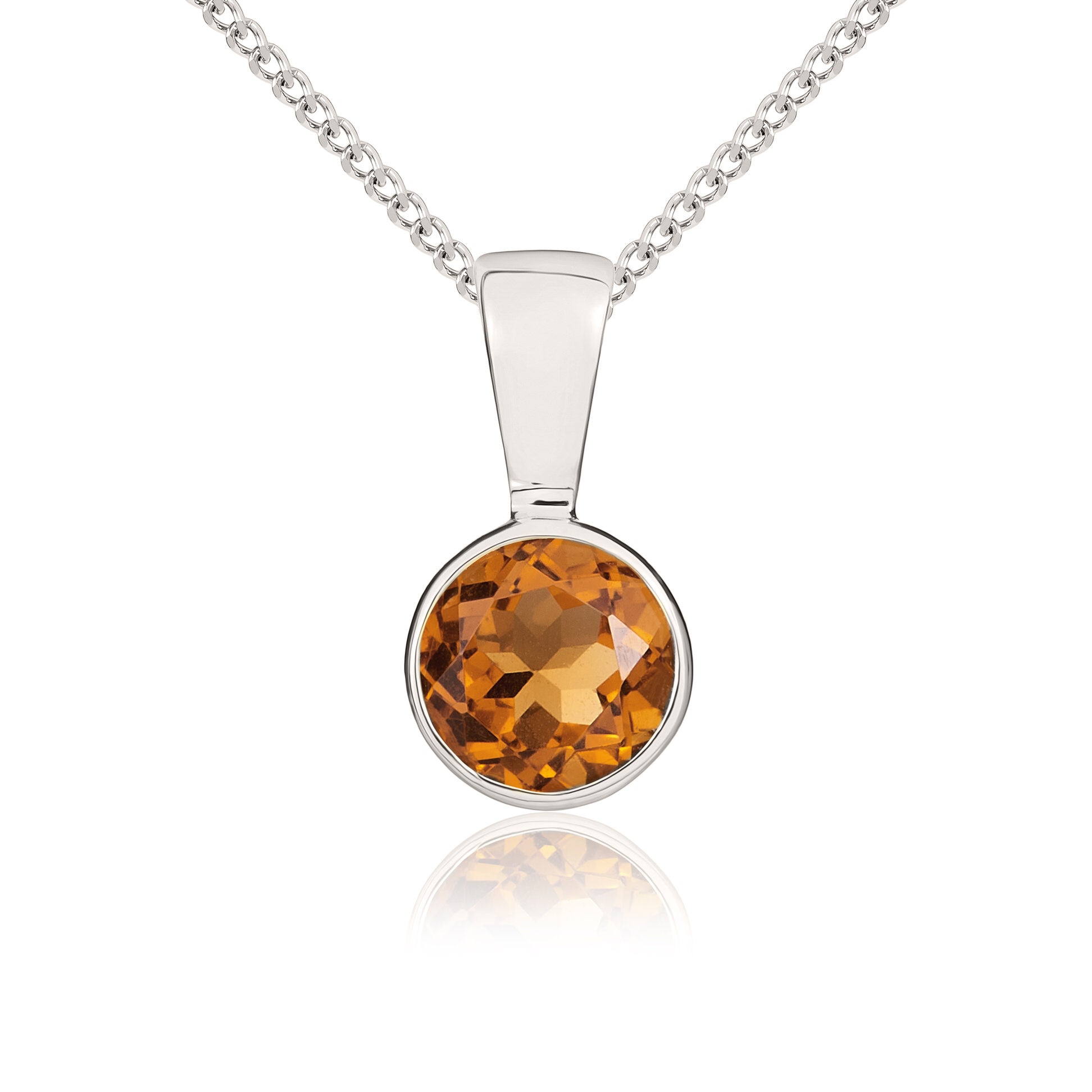 9ct white gold 5mm Round Citrine Rubover Pendant