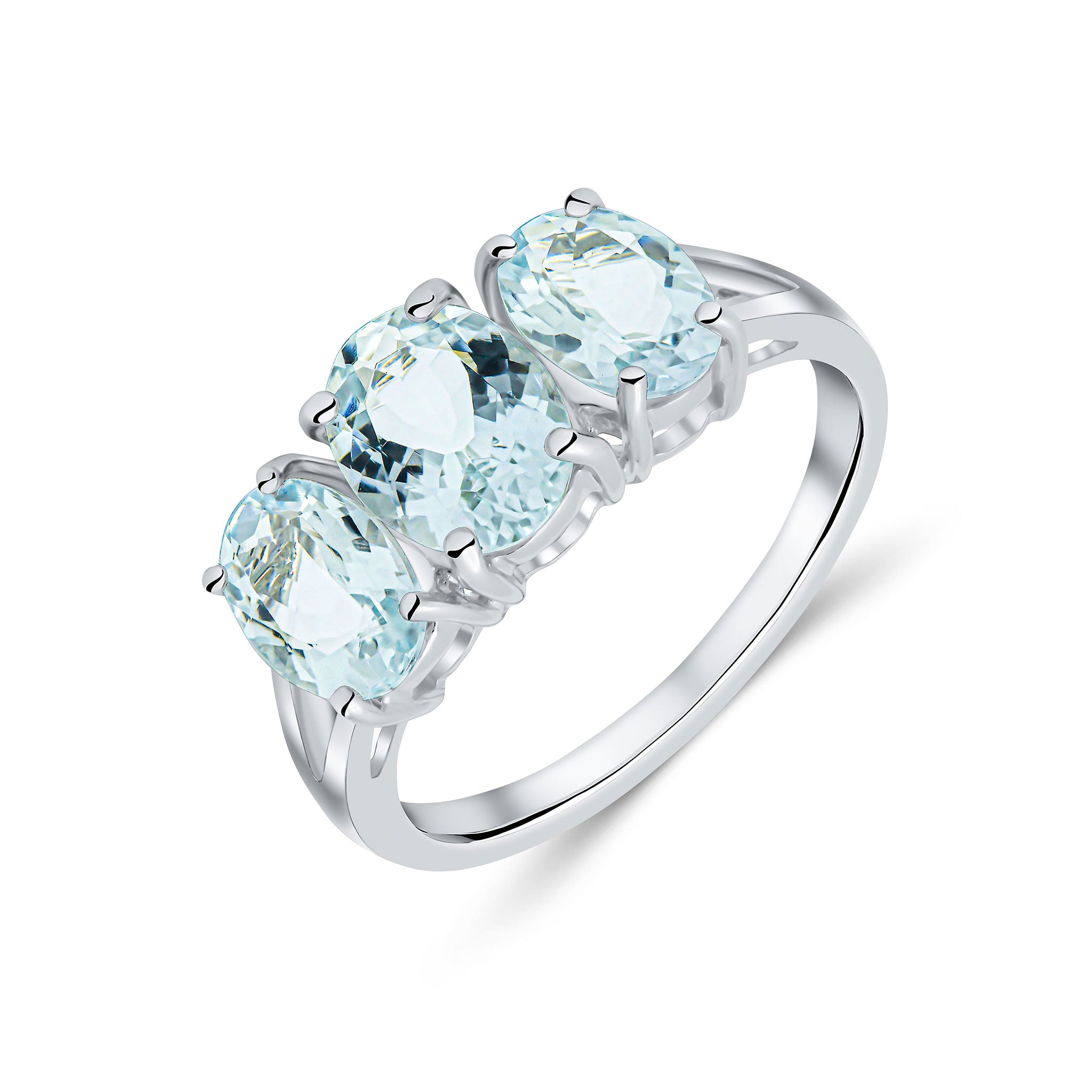 9ct White Gold Oval Aquamarine Claw Set 3 Stone Ring with Split Shoulders