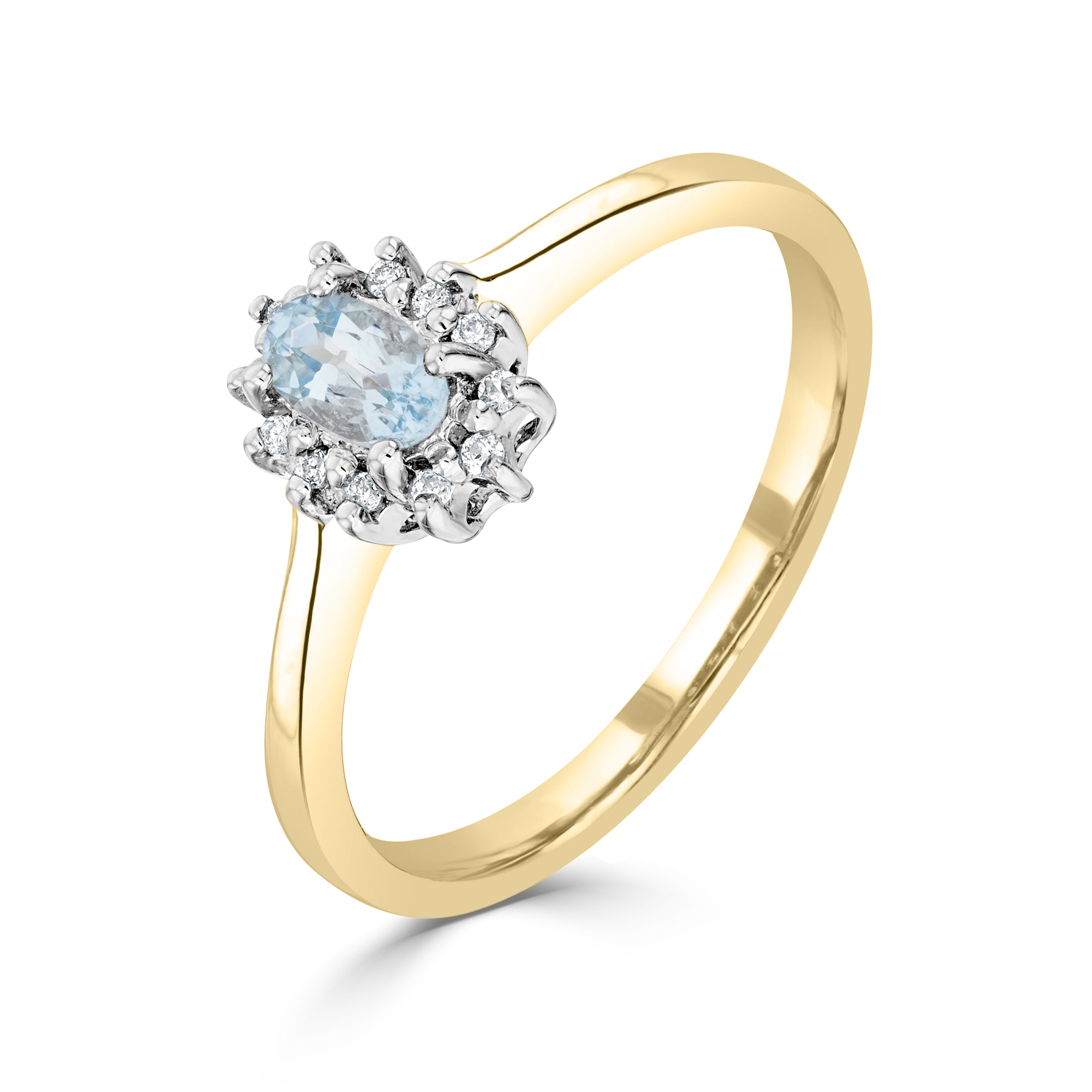 9ct Yellow Gold Oval Aquamarine & Diamond Cluster Ring Rhodium to Diamonds