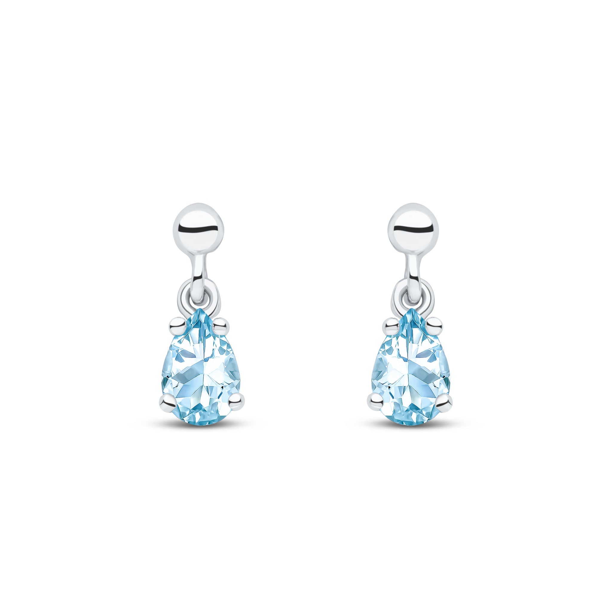9ct White Gold 6x4 Pear Shape Aquamarine Claw Set Drop Earrings with Bead Top