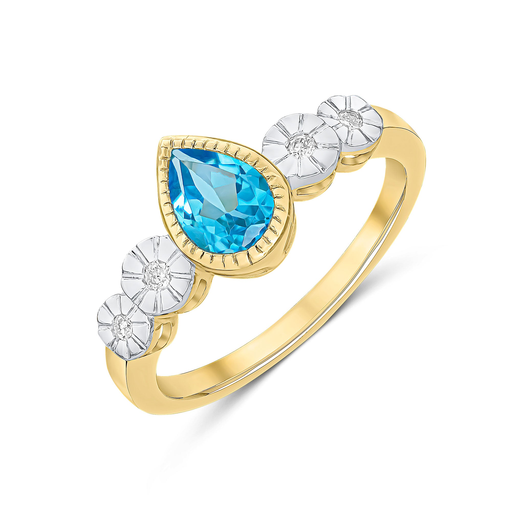9ct Yellow Gold Milgrain Pear Shape Swiss Blue Topaz and Illusion Diamond 4 Stone Shoulders Ring Rhodium to Diamonds