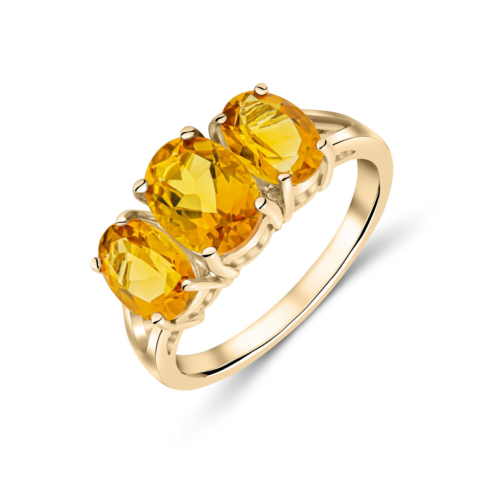 9ct Yellow Gold Oval Citrine Claw Set 3 Stone Ring with Split Shoulders