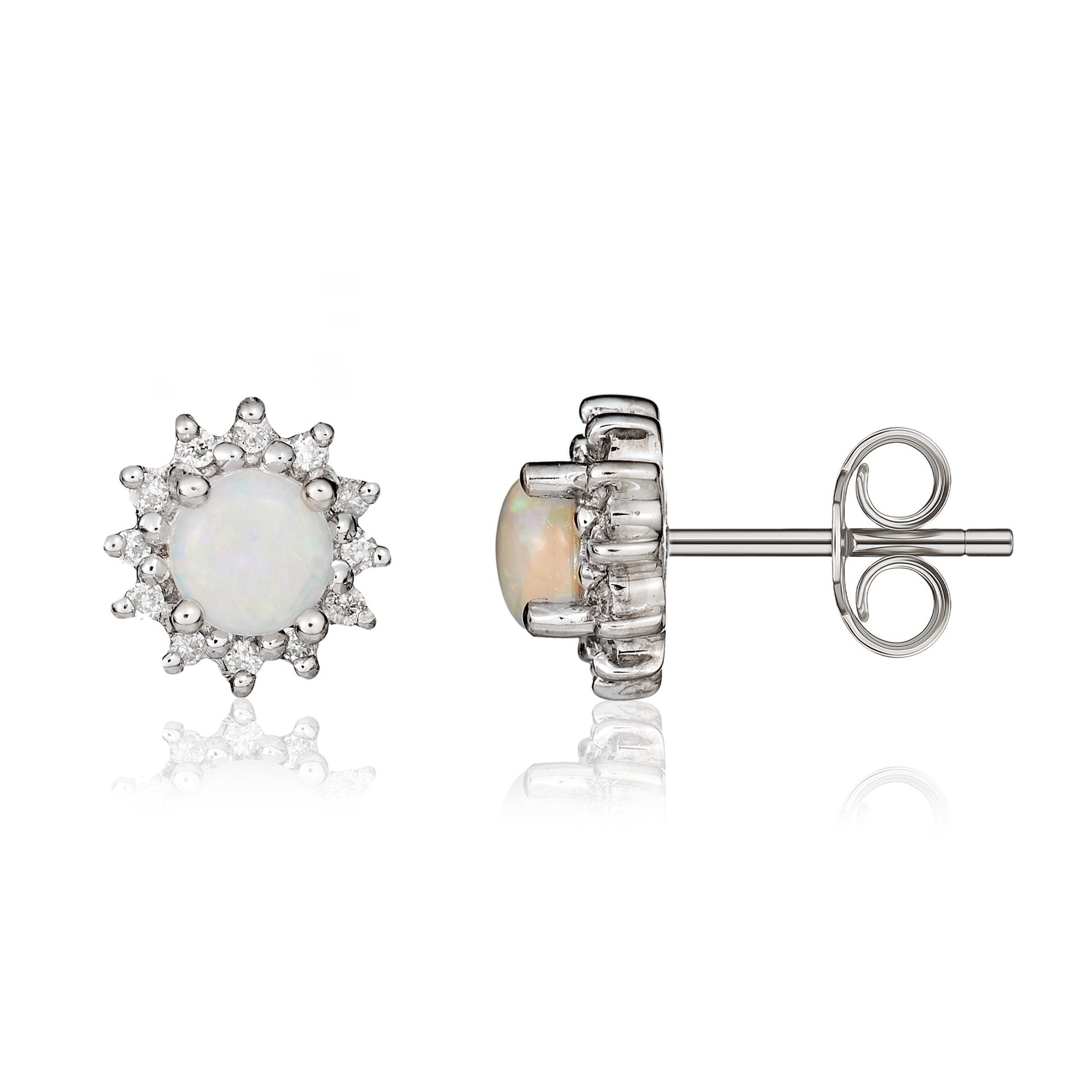 9ct White Gold 4mm Round Opal & Diamond Claw Set Cluster Earrings