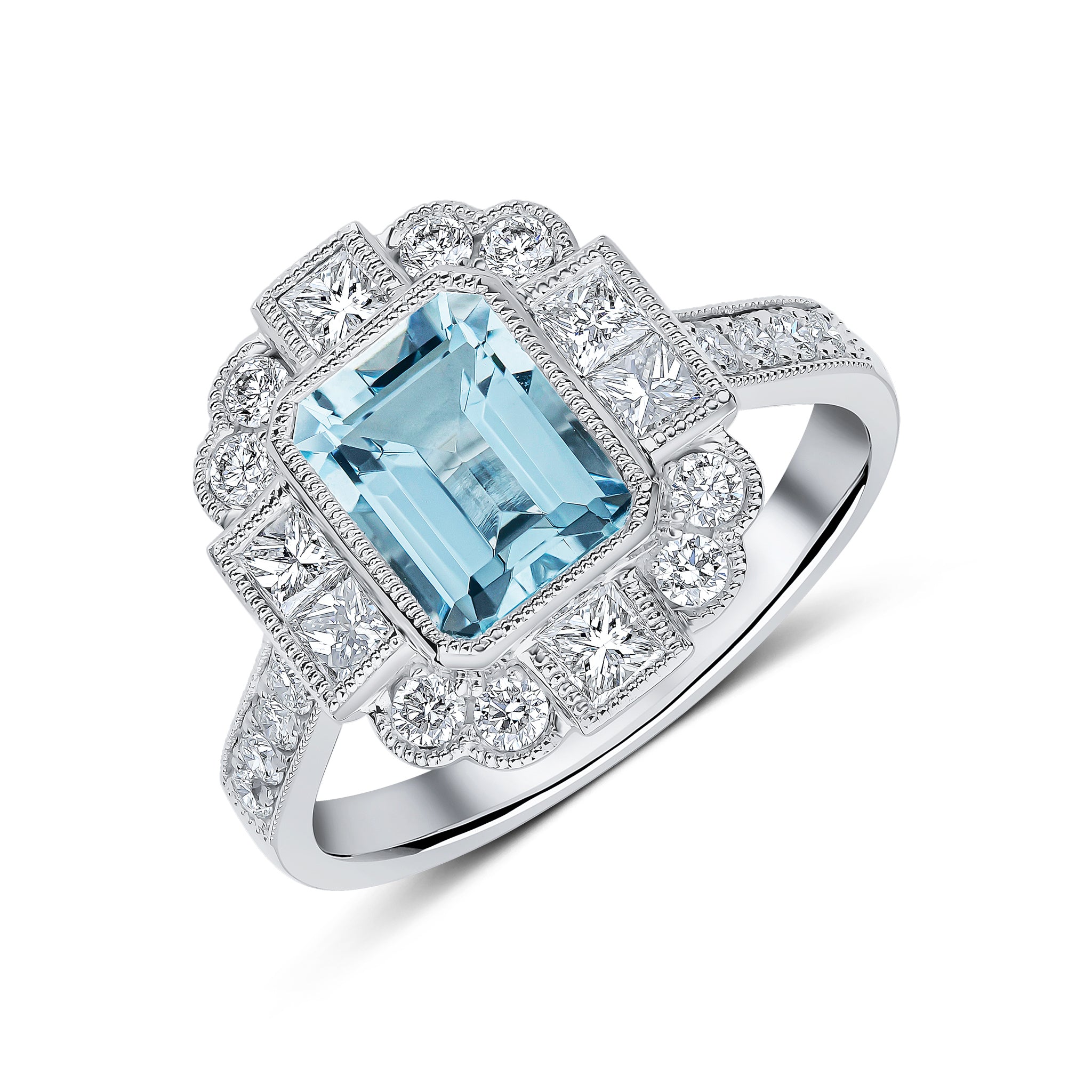 18ct White Gold Octagon Aquamarine and Princess Cut and Round Diamond Milgrain Set Fancy Cluster Ring with Diamond Set Shoulders