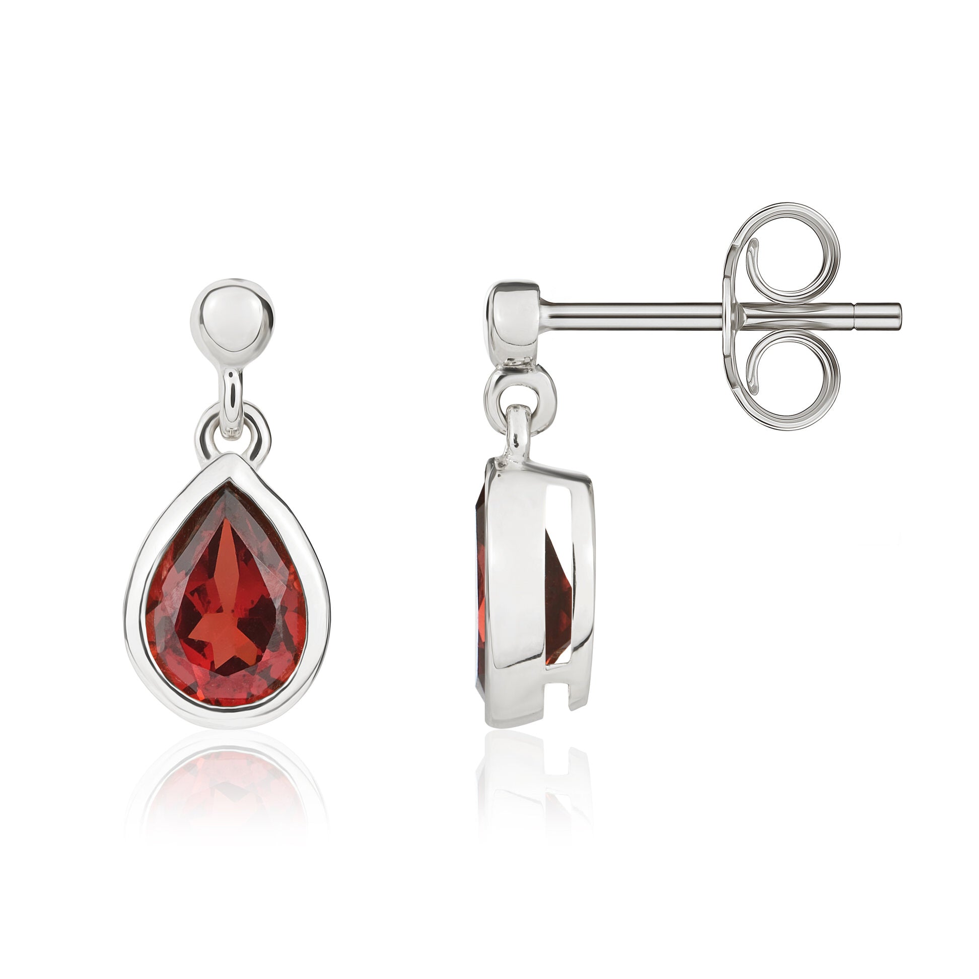 9ct White Gold 7x5 Pear Shape Garnet Rubover Drop Earrings with Bead Top