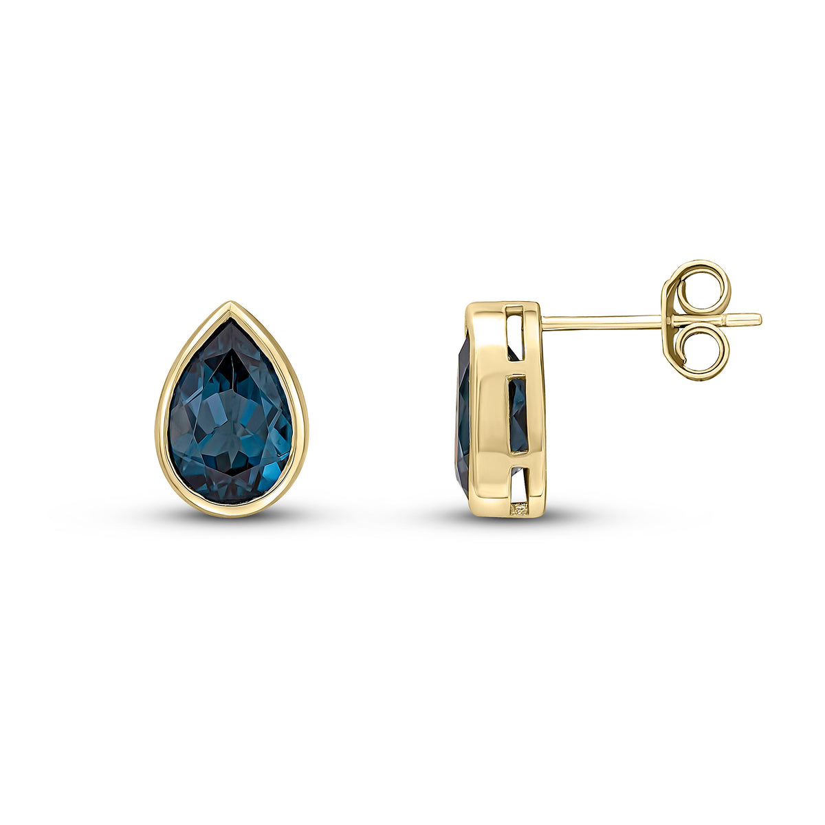 9ct Yellow Gold 9x6 Pear Shape London Blue Topaz Rubover Earrings