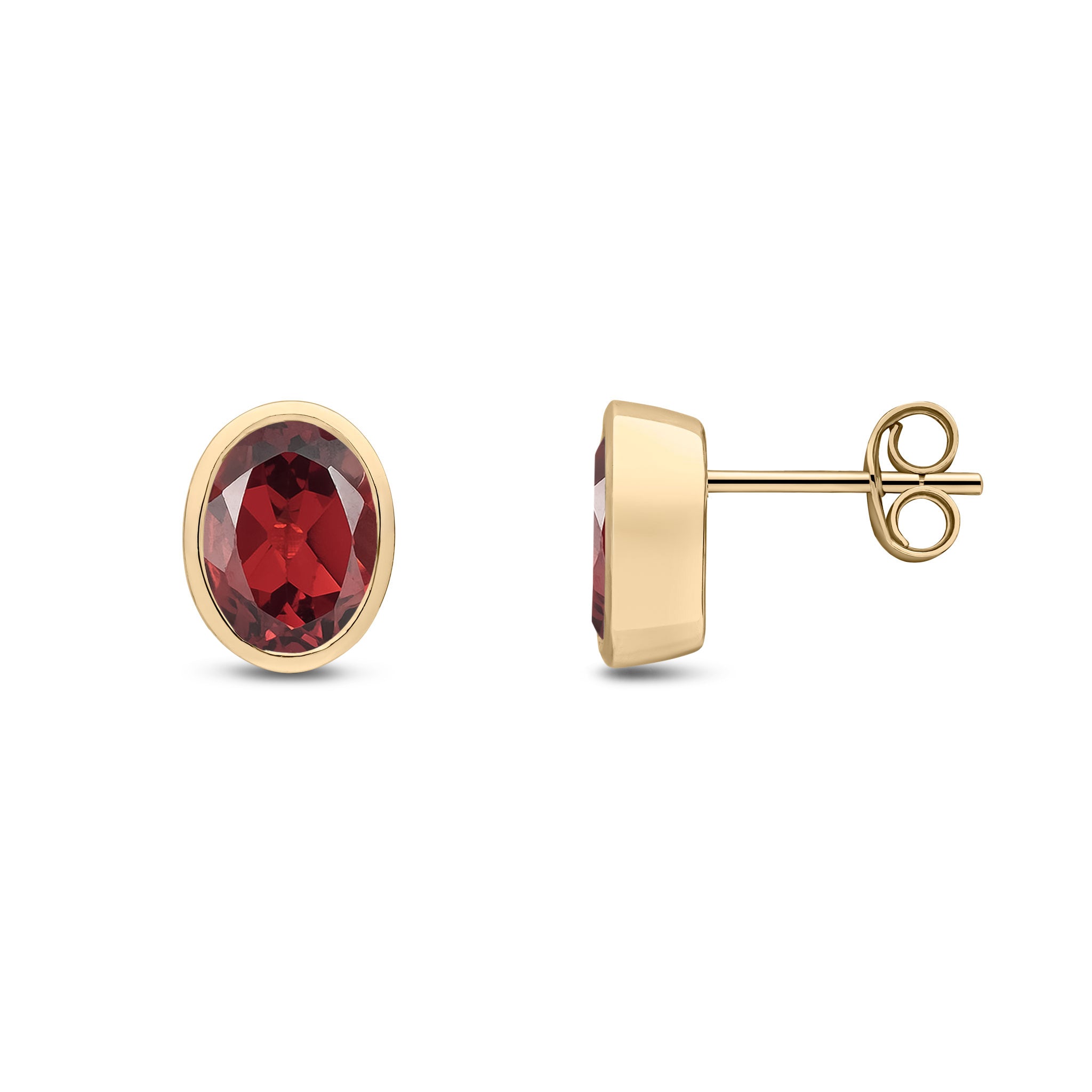 9ct Yellow Gold 8x6 Oval Garnet Rubover Earrings