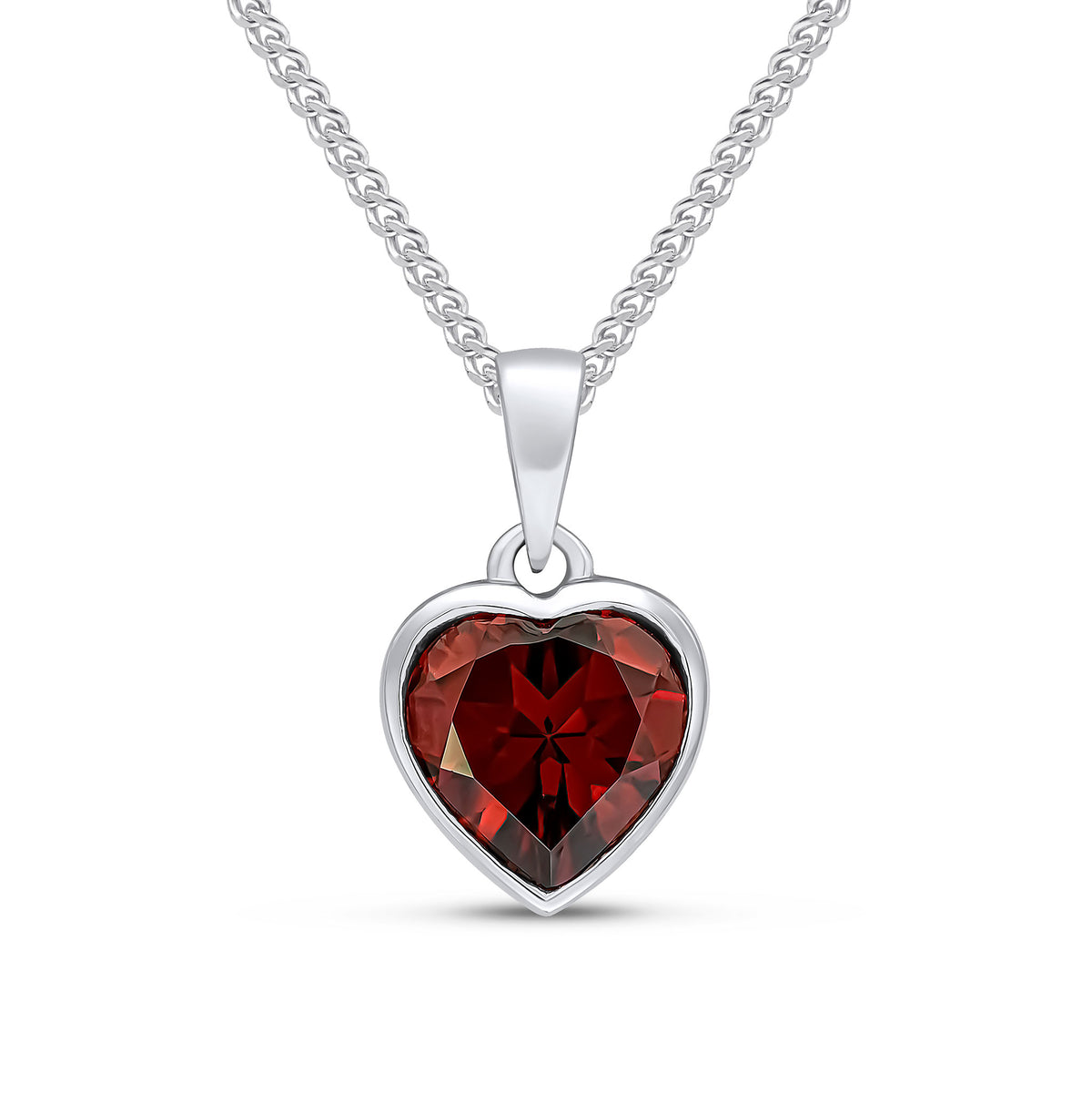 9ct White Gold 8mm Heartshape Garnet Rubover Single Stone Pendant