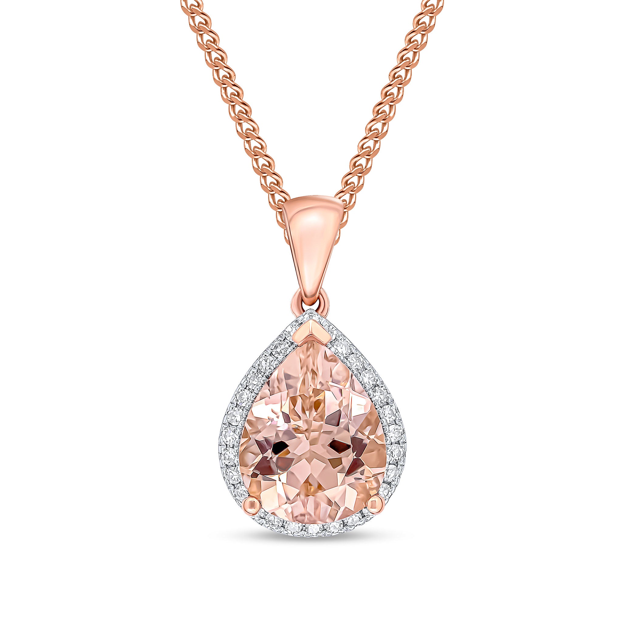 9ct Rose Gold Pear Shaped Morganite & Diamond Cluster Pendant