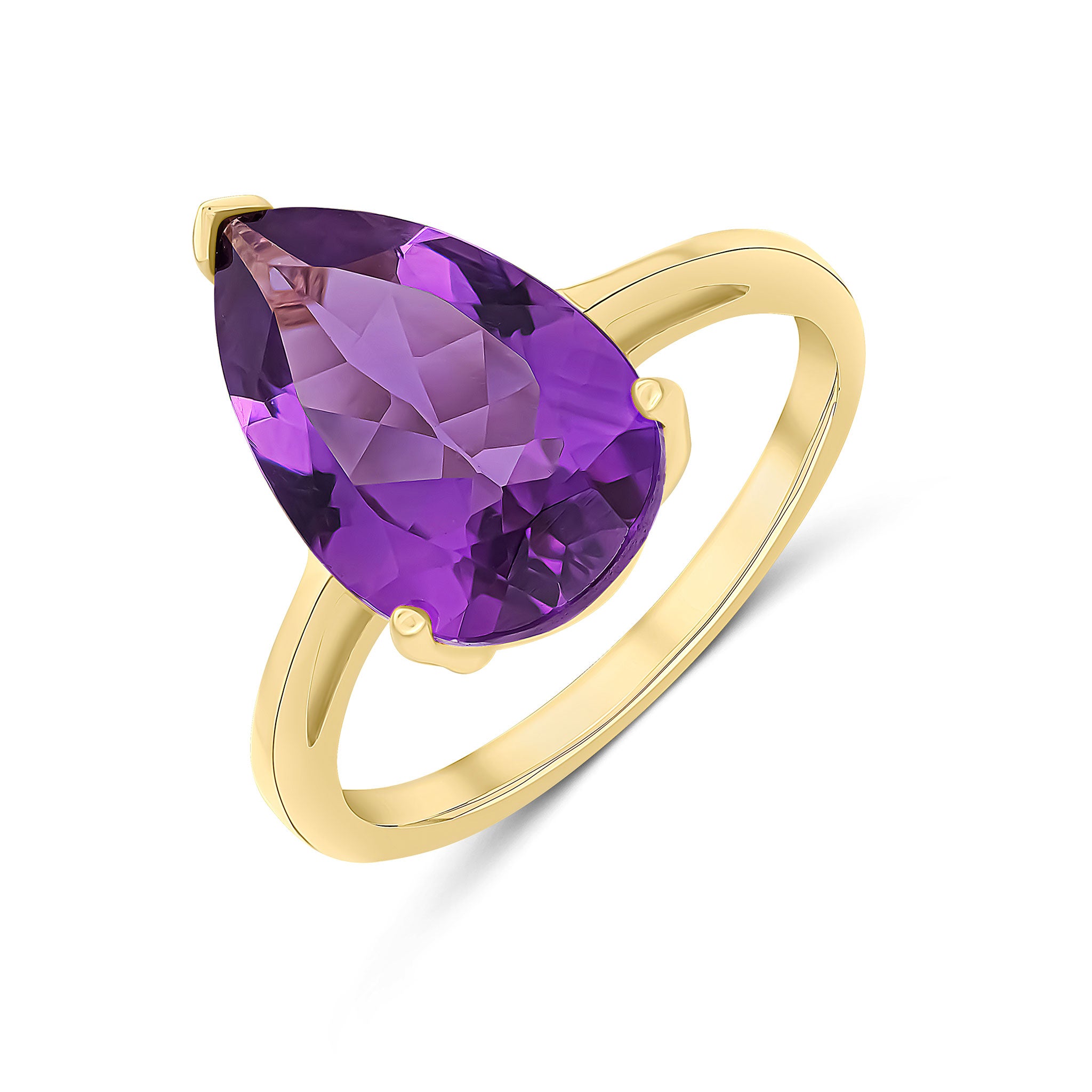 9ct Yellow Gold 14x9 Pear Shape Amethyst Claw Set Single Stone Ring
