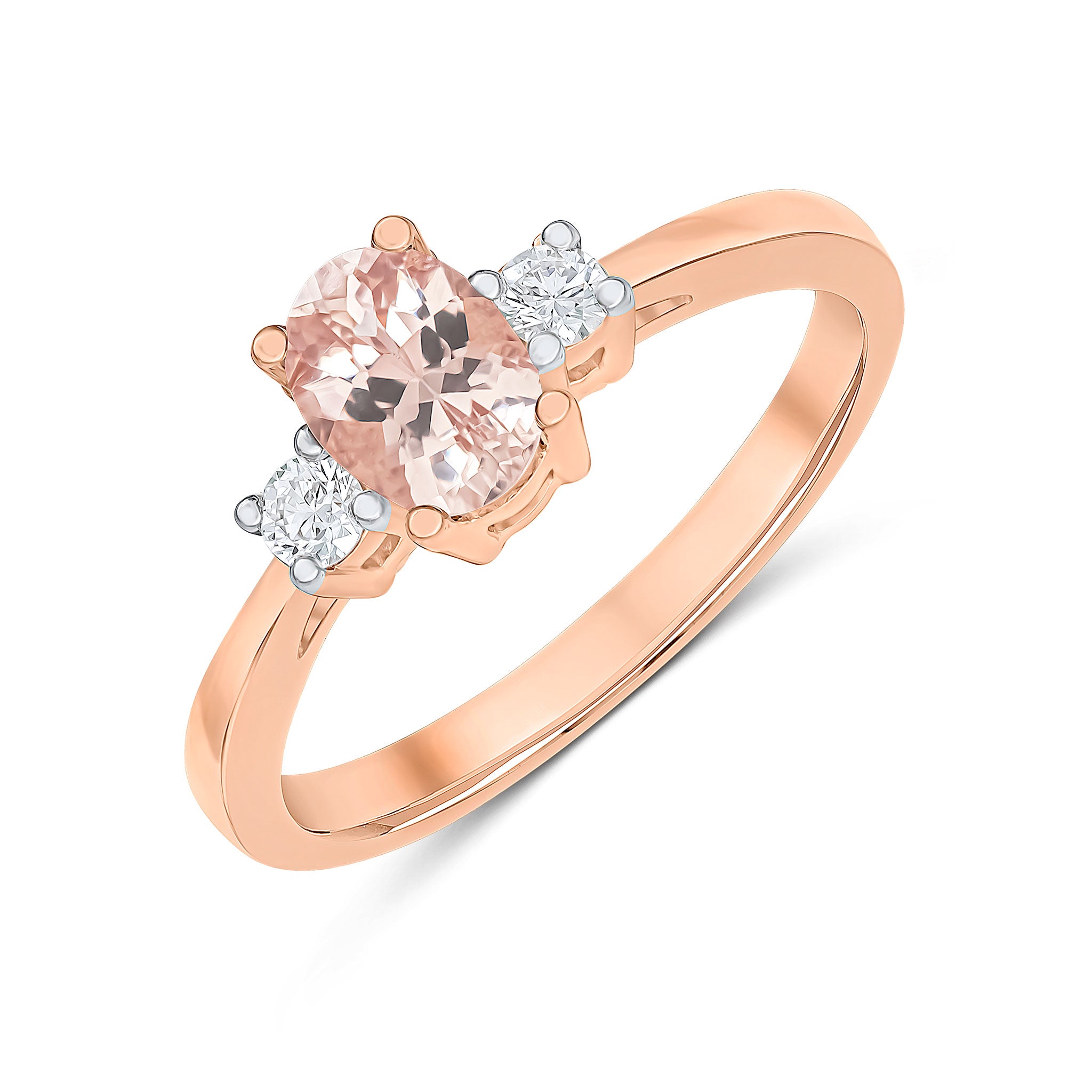 9ct Rose Gold 6x4 Oval Morganite and Round Diamond Claw Set 3 Stone Ring Rhodium to Diamonds
