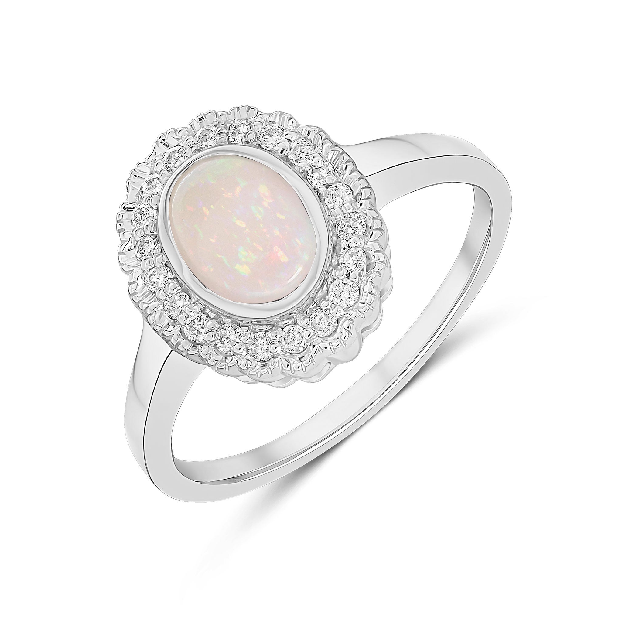 9ct White Gold Rubover Oval Opal and Milgrain Round Diamond Cluster Ring