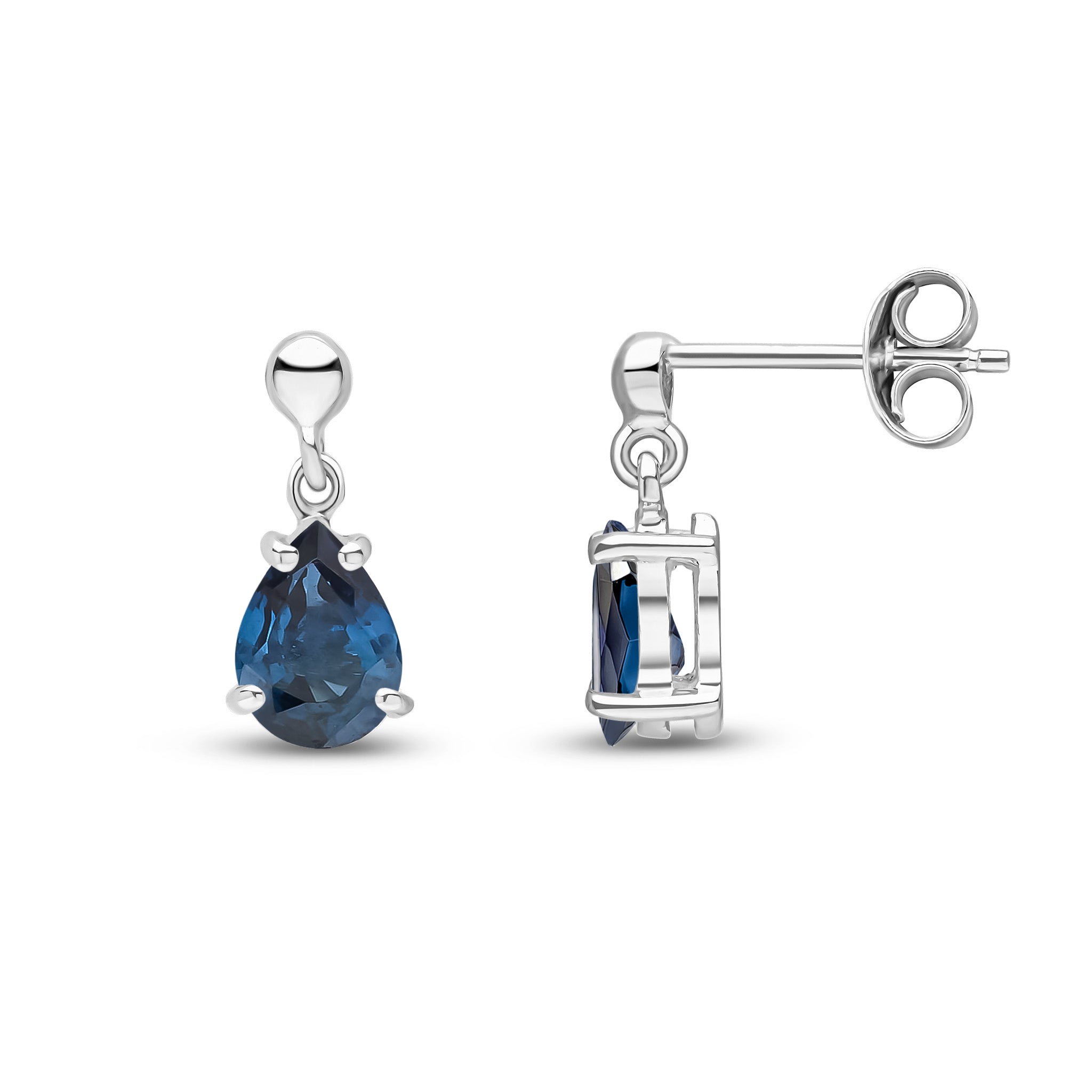 9ct White Gold 7x5 Pear Shape Sapphire Claw Set Drop Earrings with Bead Top
