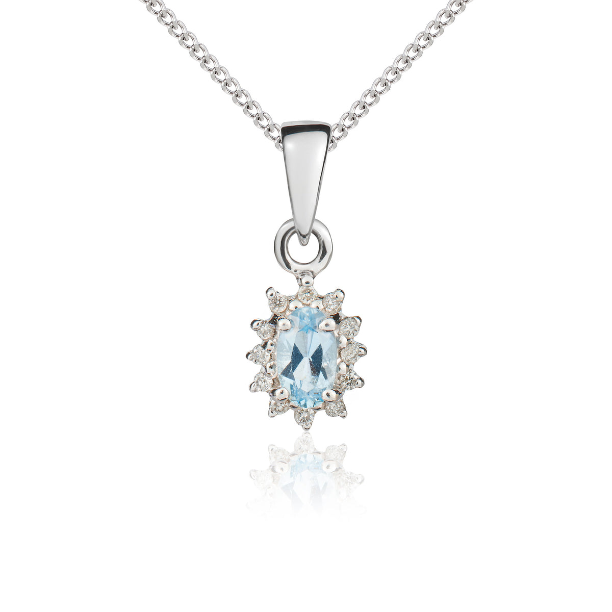9ct White Gold Oval 5x3mm Aquamarine & Diamond Claw Cluster Pendant