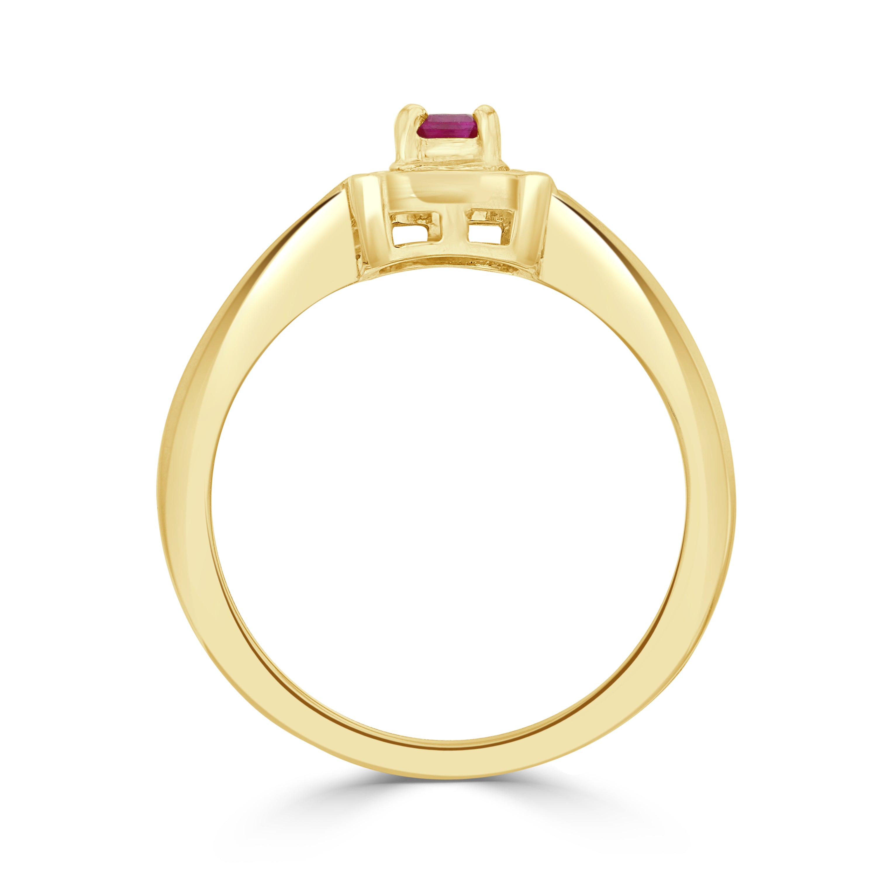 9CT YG CLAW SET 5X3 OCTAGON RUBY AND CHANNEL SET ROUND DIAMOND CLUSTER RING 1