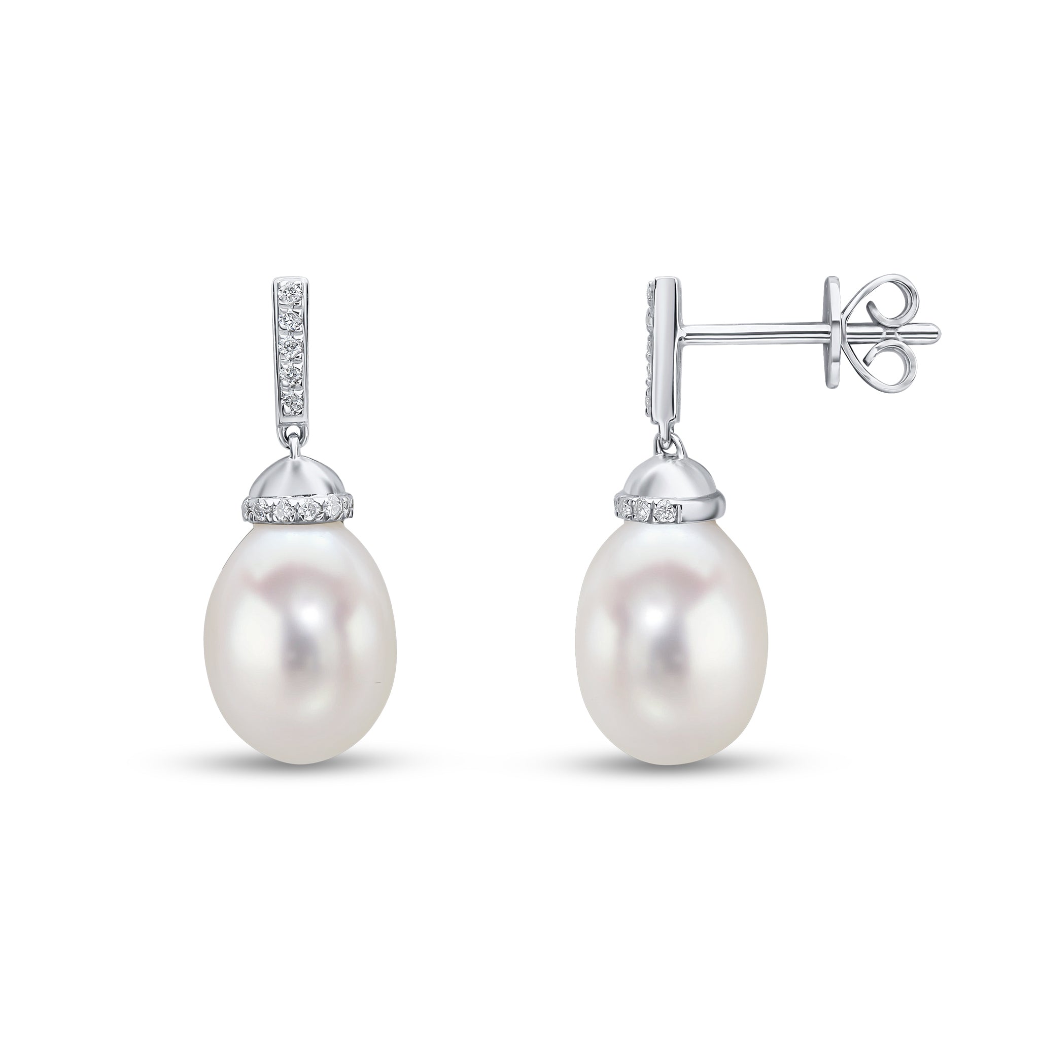 18ct White Gold Cfw Pearl and Diamond Line and Cap Top Drop Earrings