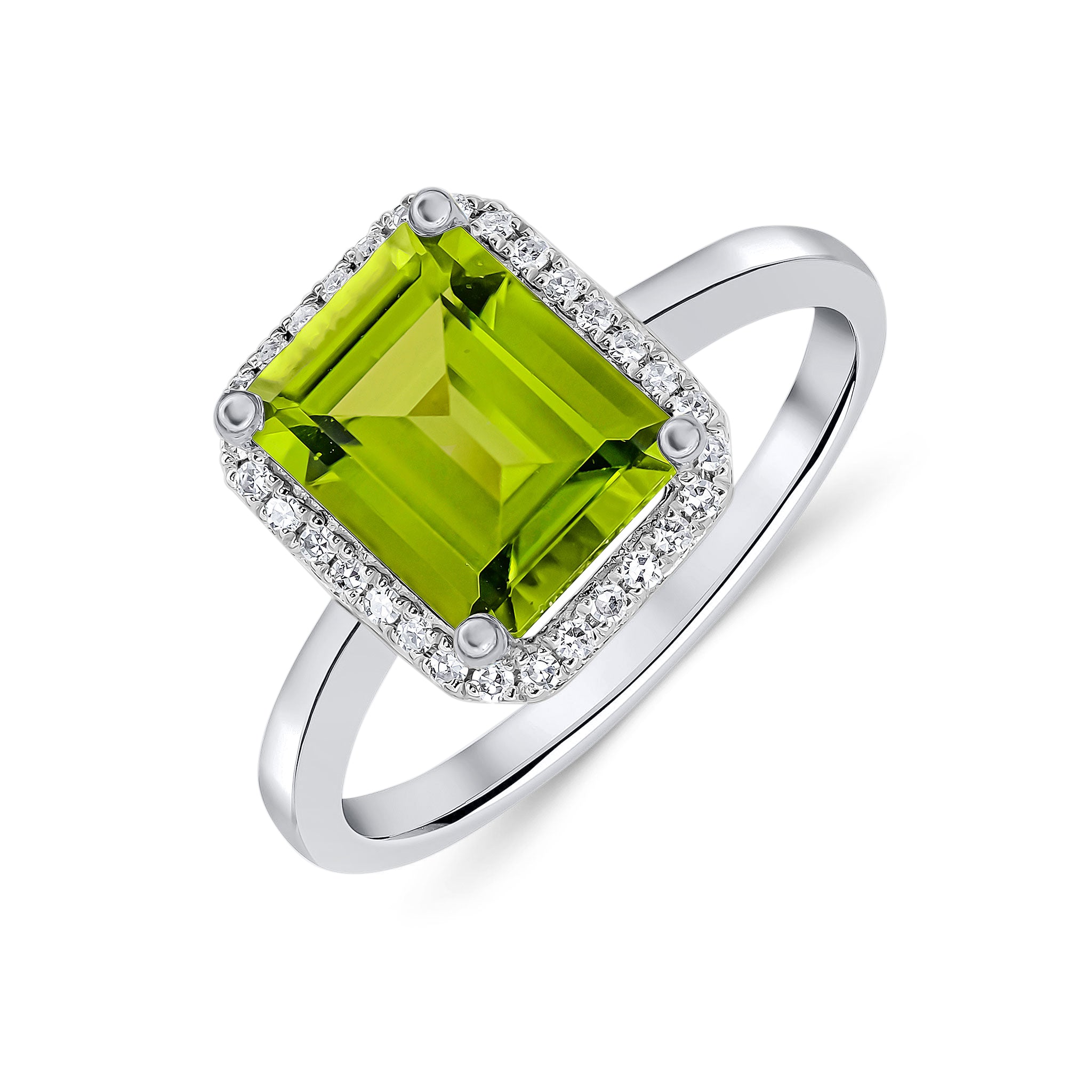 9ct White Gold 9x7mm Octagon Peridot & Diamond Claw Set Cluster Ring