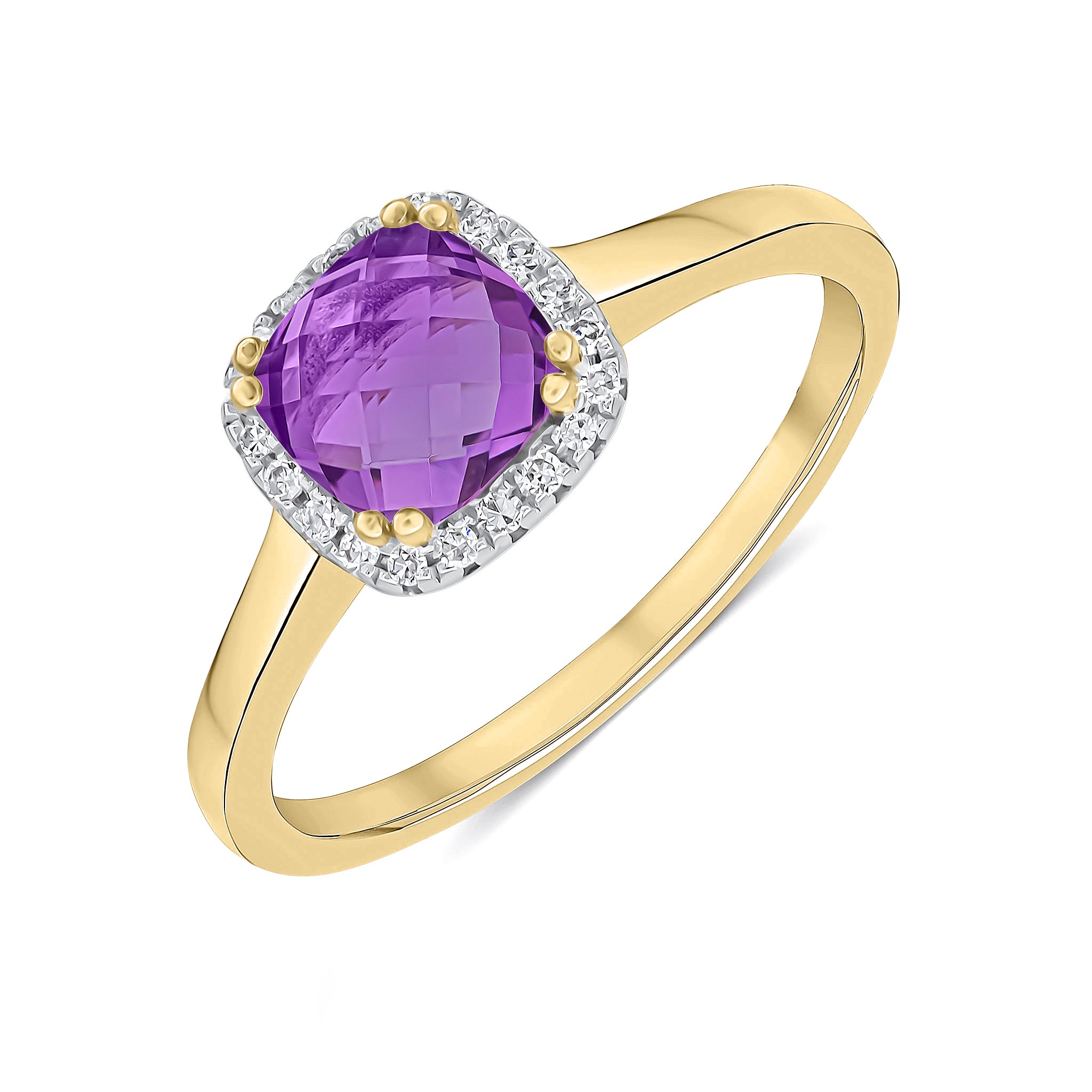 9ct Yellow Gold 6mm Checkerboard Cut Cushion Amethyst and Round Diamond Claw Set Cluster Ring