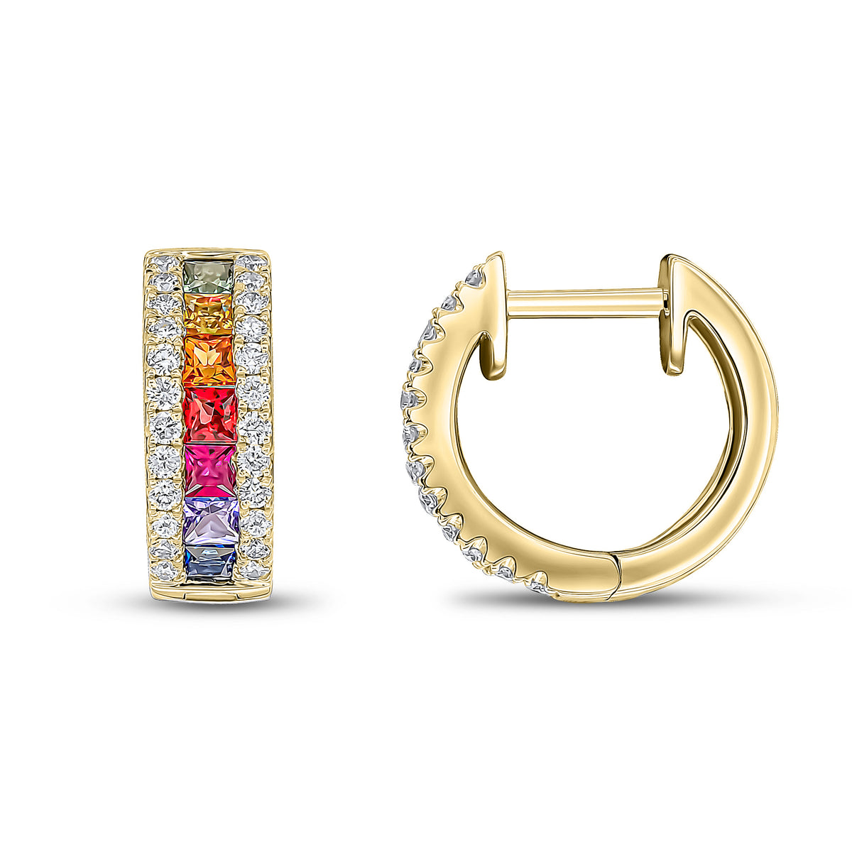 18ct Yellow Gold Square Multi-Sapphire & Round Diamond 3 Row Huggy Earrings