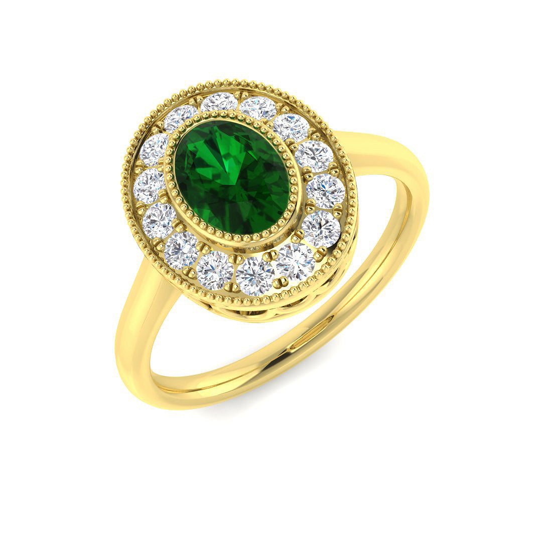 9ct Yellow Gold Oval Emerald and Diamond Ring 1