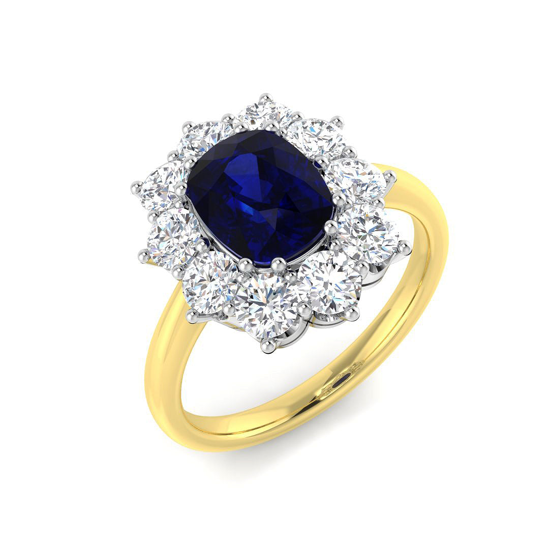 9ct Two Tone Cushion Blue Sapphire and Diamond Ring 1