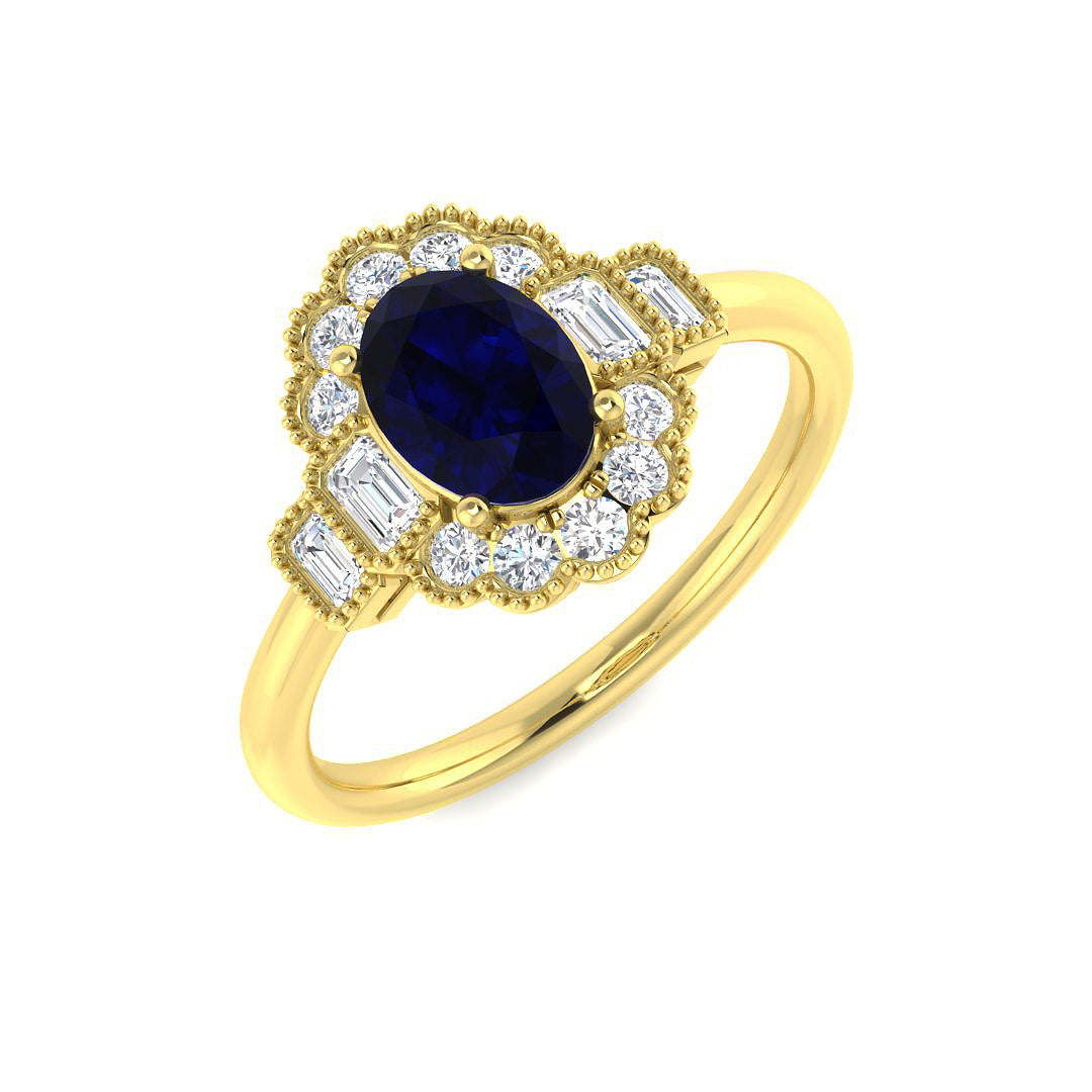 9ct Yellow Gold Baguette and Oval Blue Sapphire and Diamond Ring 1