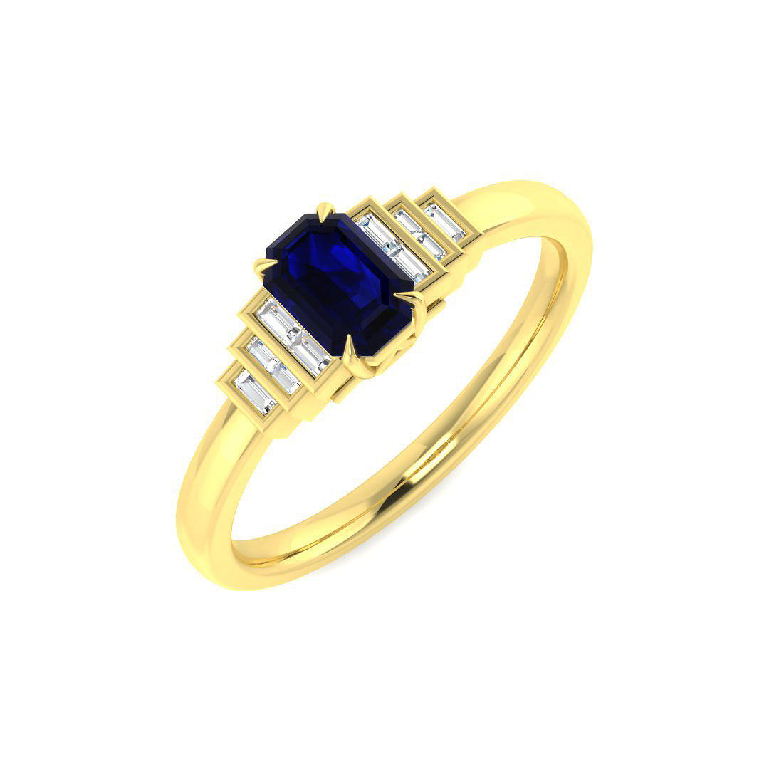 9ct Yellow Gold Baguette and Emerald Cut Blue Sapphire and Diamond Ring 1