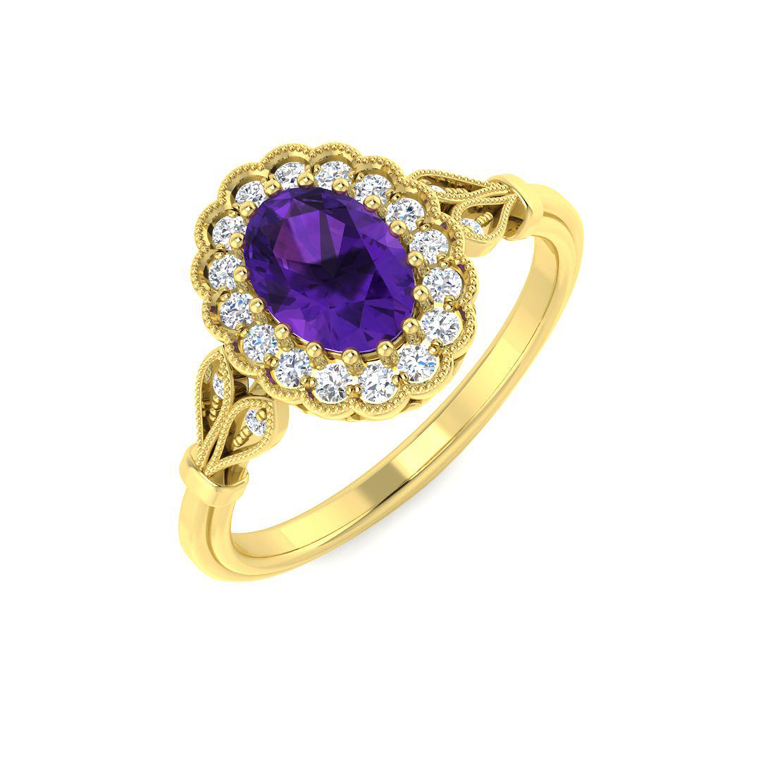 9ct Yellow Gold Oval Amethyst and Diamond Ring 1