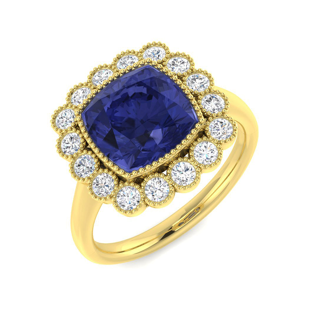 9ct Yellow Gold Cushion Tanzanite and Diamond Ring 1