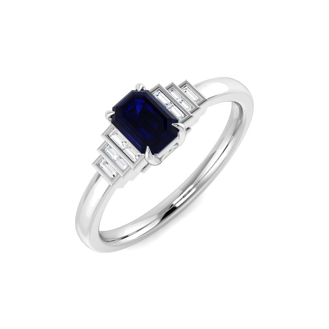 9ct White Gold Baguette and Emerald Cut Blue Sapphire and Diamond Ring 1