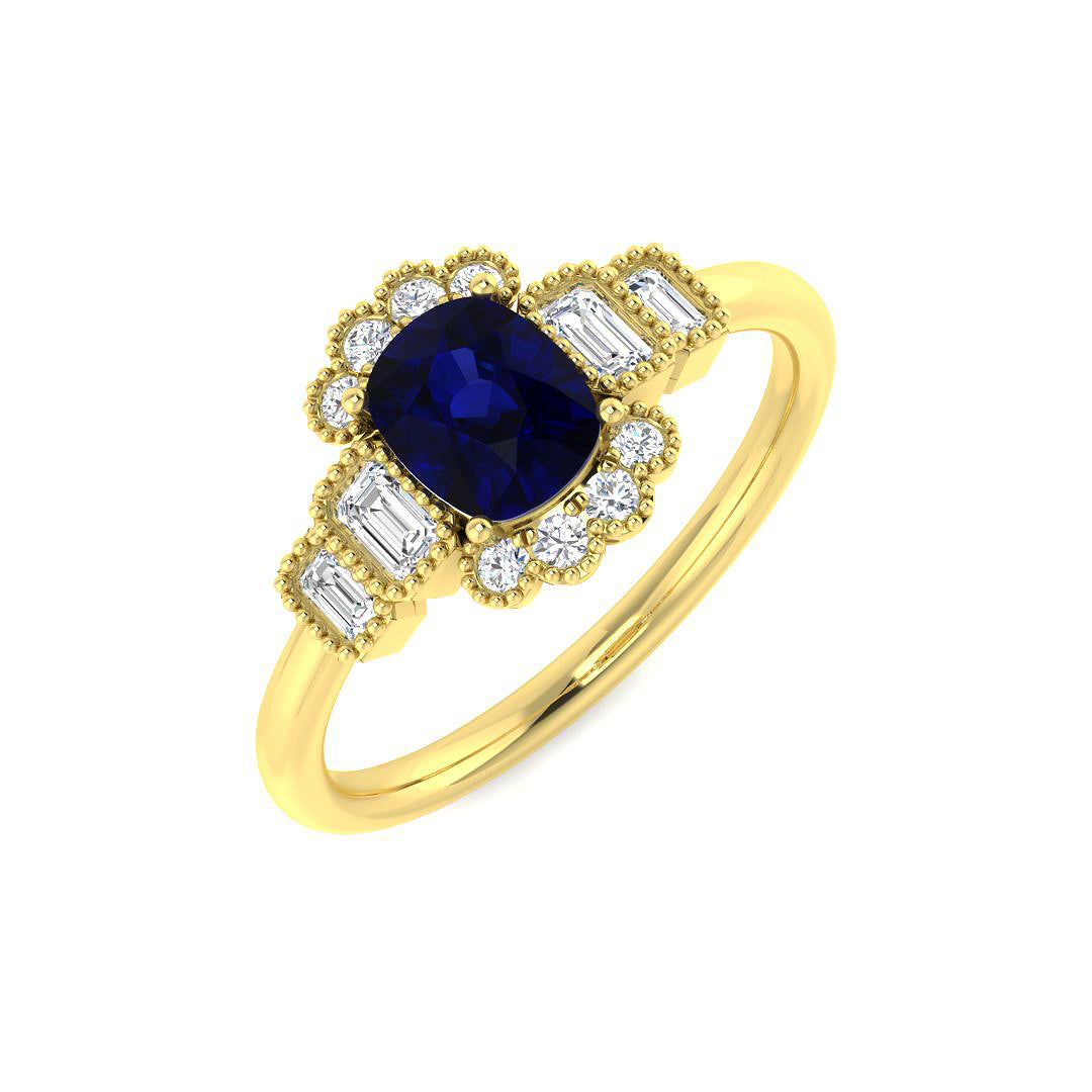 9ct Yellow Gold Baguette and Cushion Blue Sapphire and Diamond Ring 1