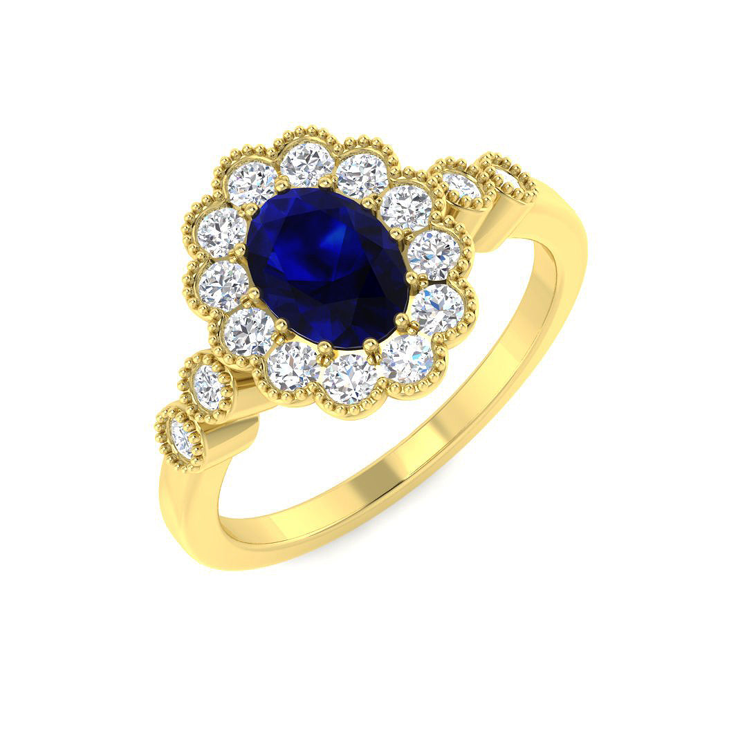 9ct Yellow Gold Oval Blue Sapphire and Diamond Ring 1