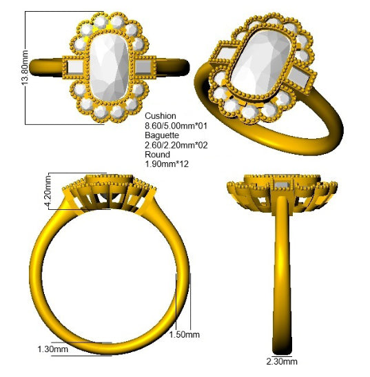 9ct Yellow Gold Baguette and Cushion Cvd Old Cut and Lab Grown Diamond Ring 3