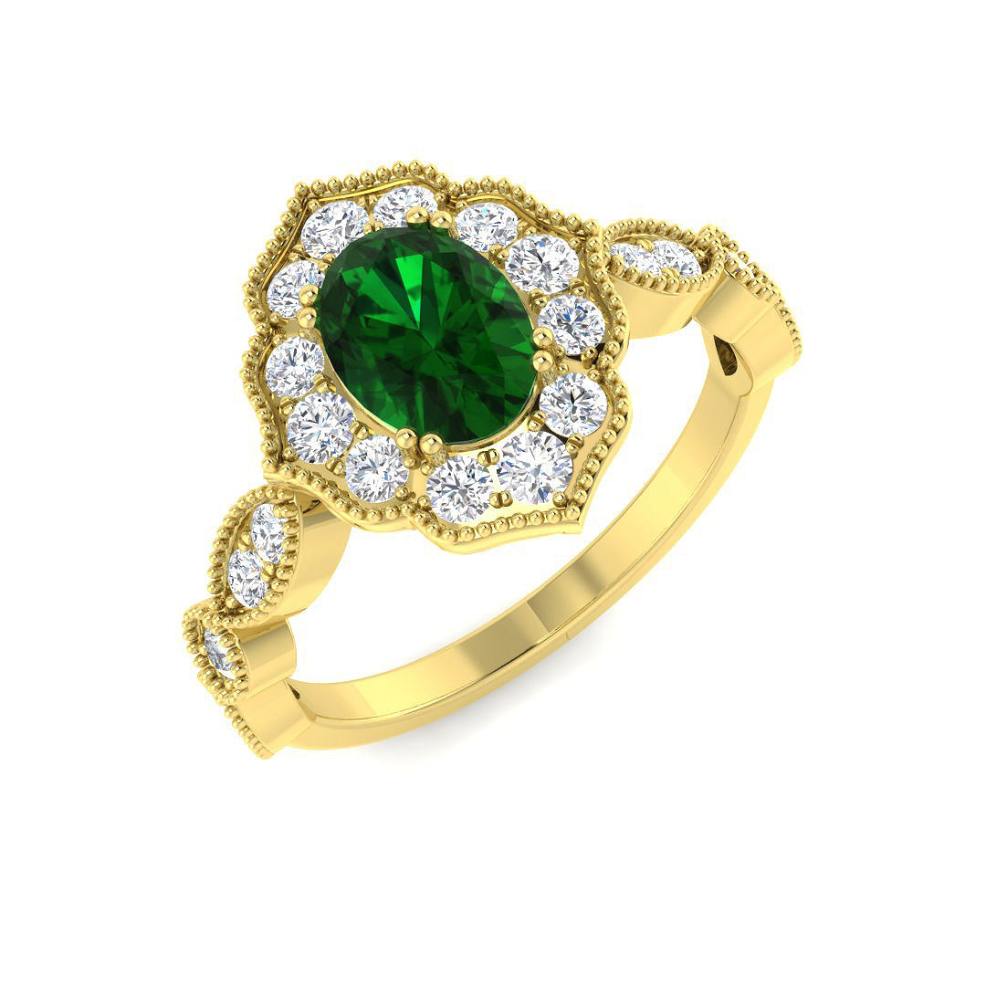 9ct Yellow Gold Oval Emerald and Diamond Ring 1