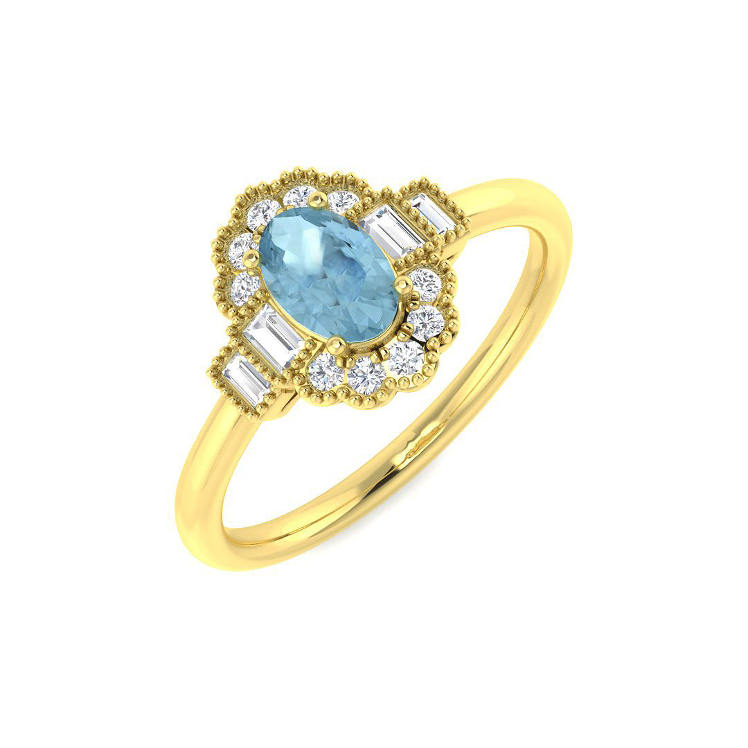 9ct Yellow Gold Baguette and Oval Aquamarine and Diamond Ring 1