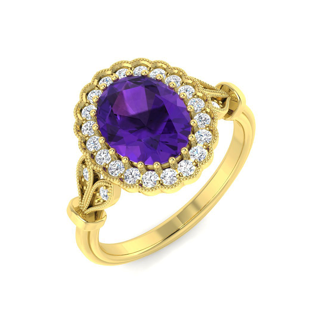 9ct Yellow Gold Oval Amethyst and Diamond Ring 1
