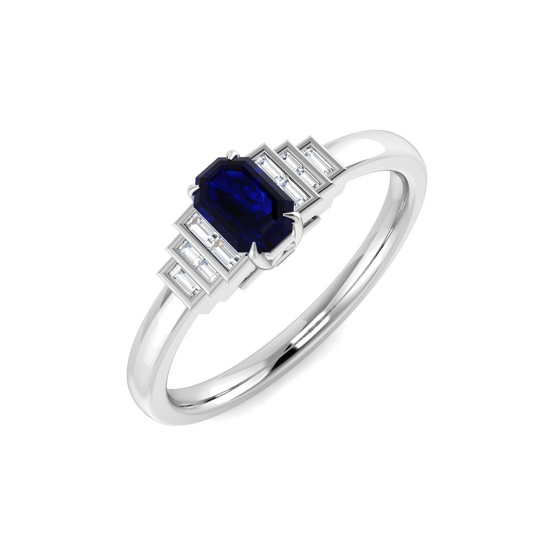 9ct White Gold Baguette and Emerald Cut Blue Sapphire and Diamond Ring 1