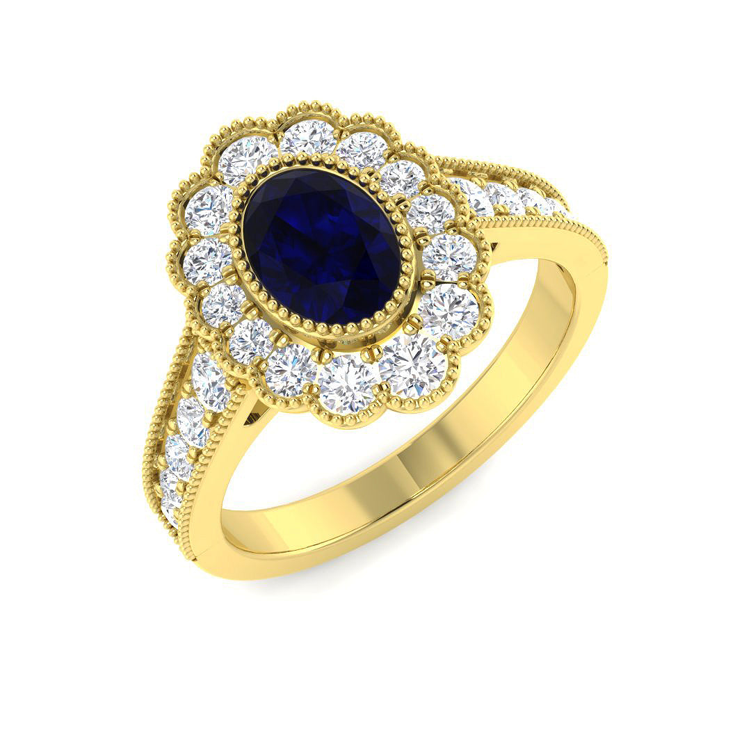 9ct Yellow Gold Oval Blue Sapphire and Diamond Ring 1