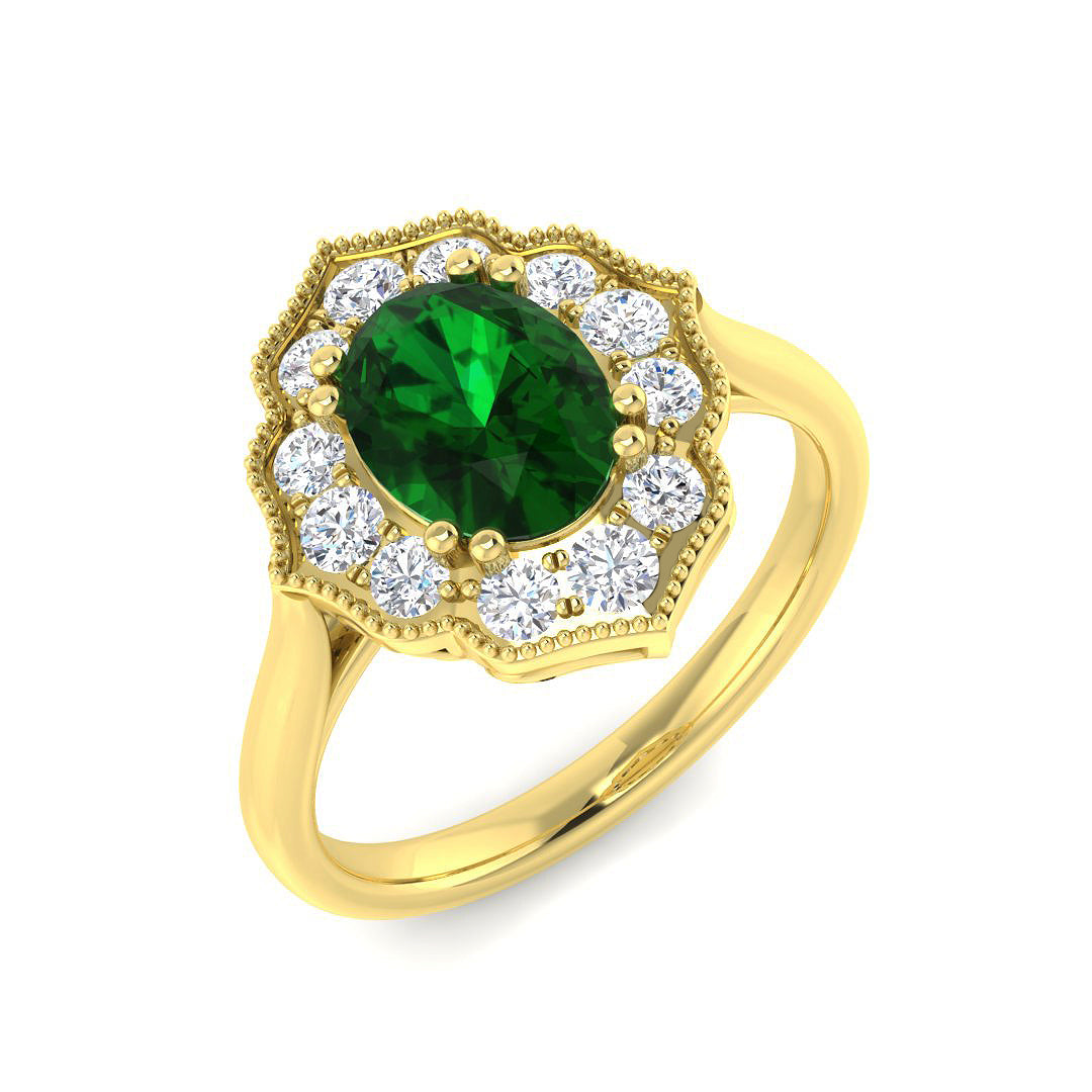 18ct Yellow Gold Oval Emerald and Diamond Ring 1
