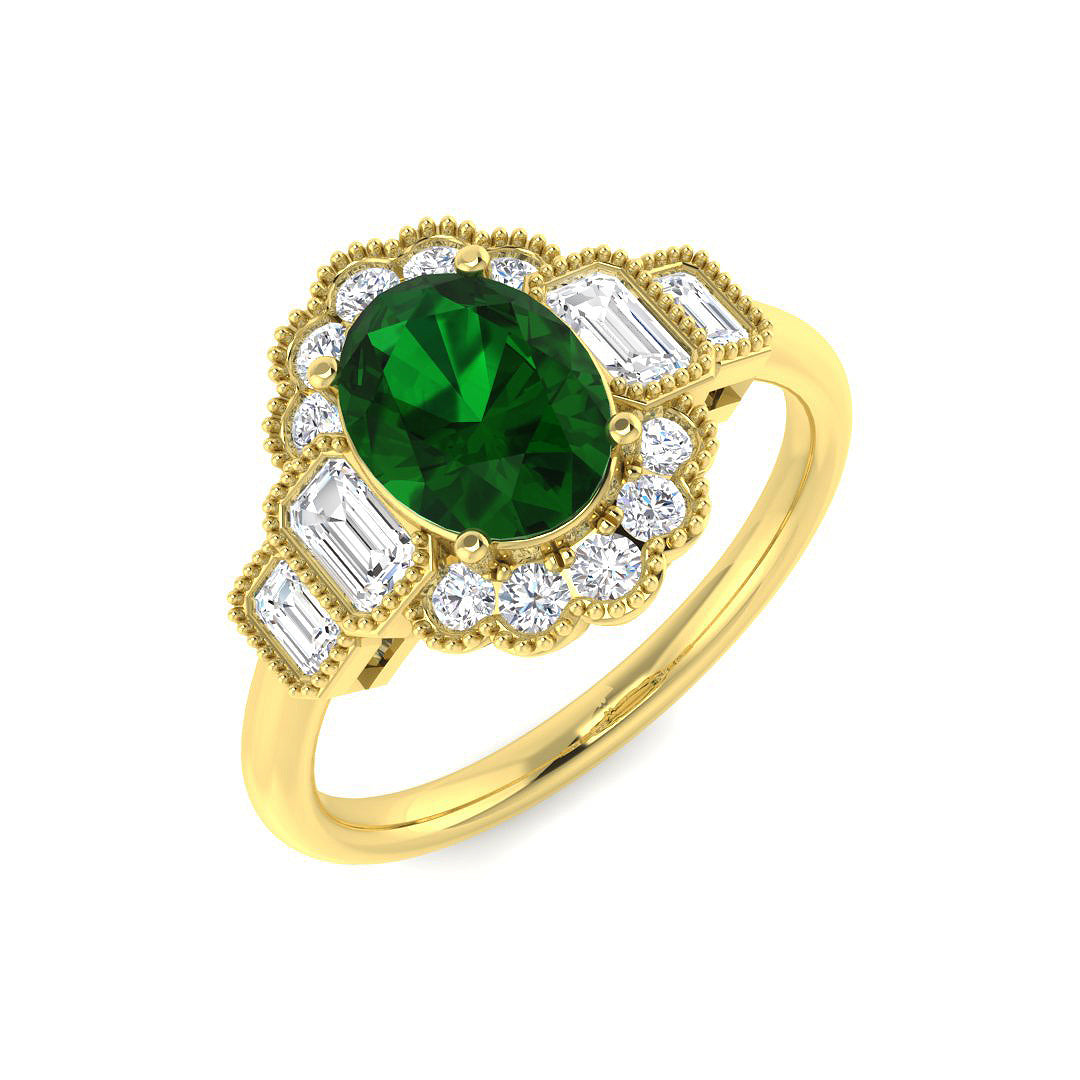 18ct Yellow Gold Baguette and Oval Emerald and Diamond Ring 1