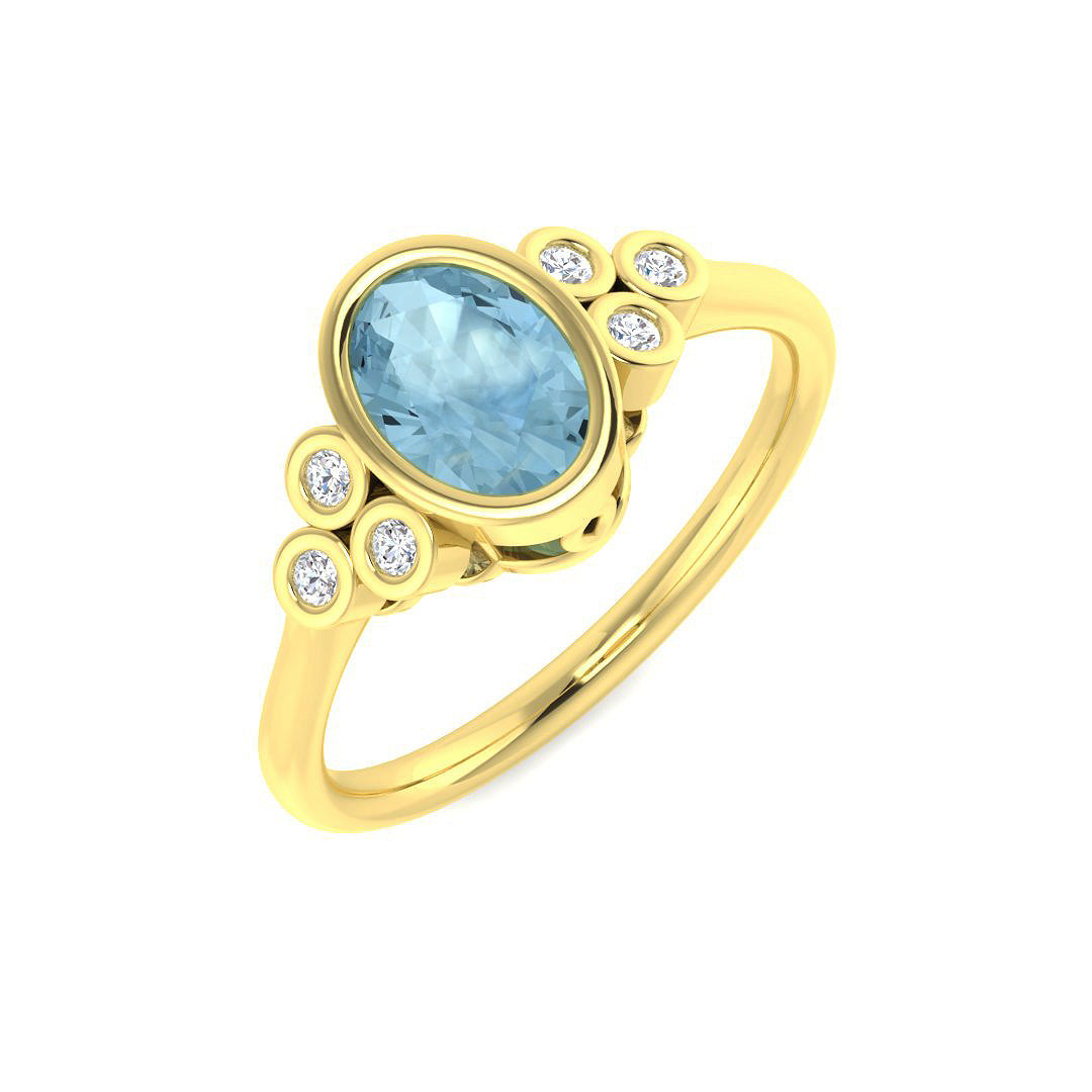 9ct Yellow Gold Oval Aquamarine and Diamond Ring 1
