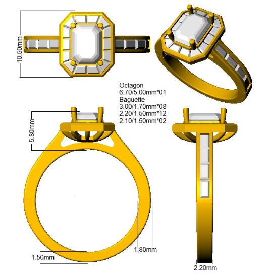 9ct Yellow Gold Baguette and Emerald Cut Blue Sapphire and Diamond Ring 3