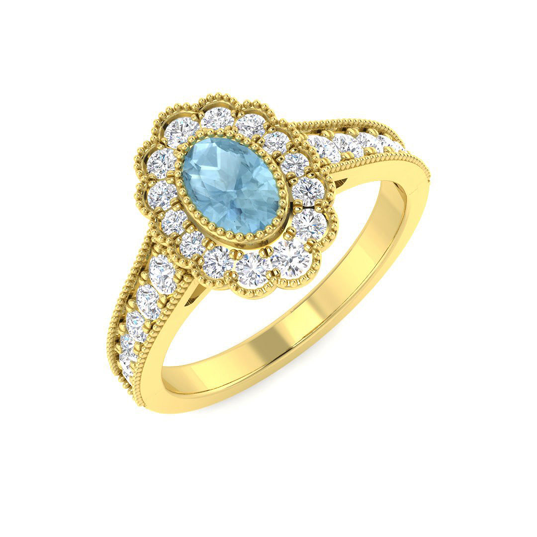 9ct Yellow Gold Oval Aquamarine and Diamond Ring 1