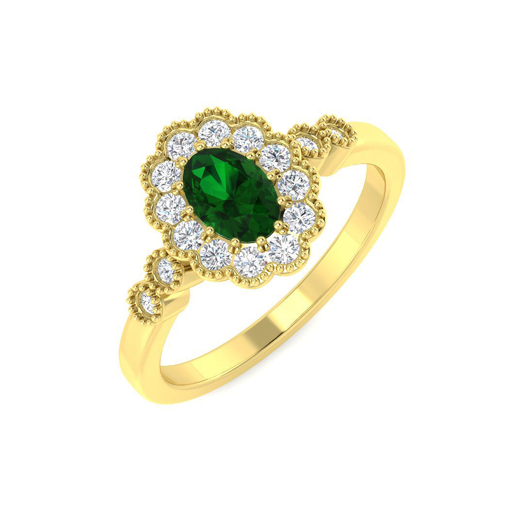 18ct Yellow Gold Oval Emerald and Diamond Ring 1