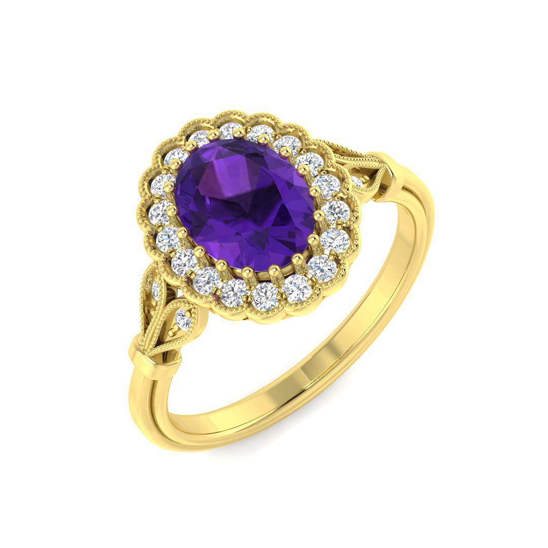9ct Yellow Gold Oval Amethyst and Diamond Ring 1
