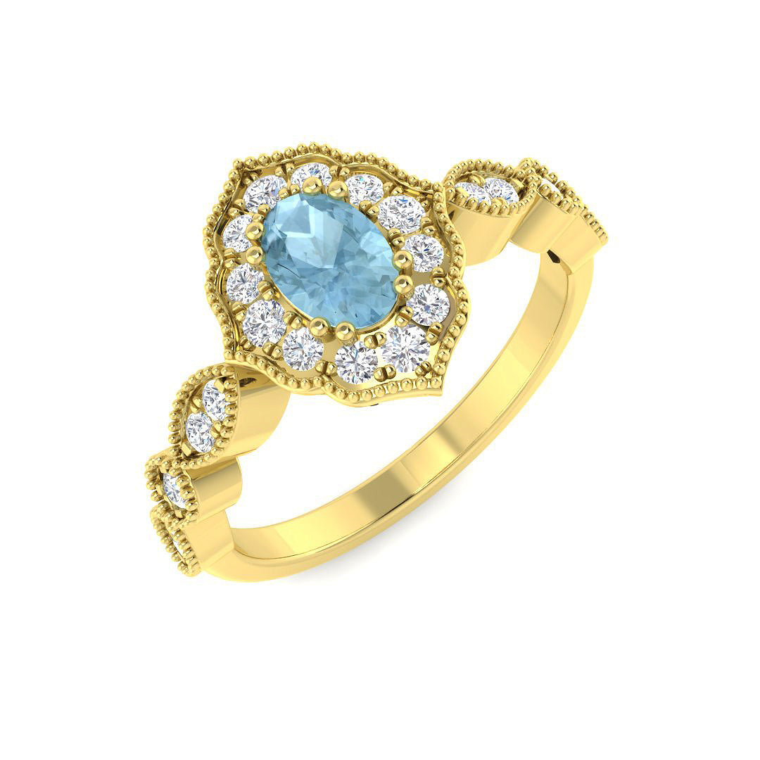 9ct Yellow Gold Oval Aquamarine and Diamond Ring 1