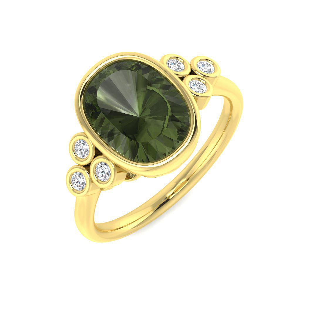 18ct Yellow Gold Oval Green Tourmaline and Diamond Ring 1