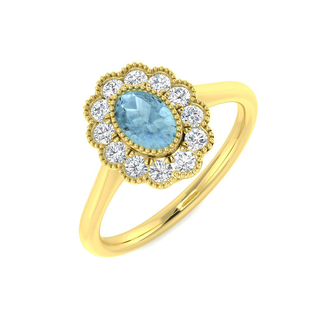 9ct Yellow Gold Oval Aquamarine and Diamond Ring 1