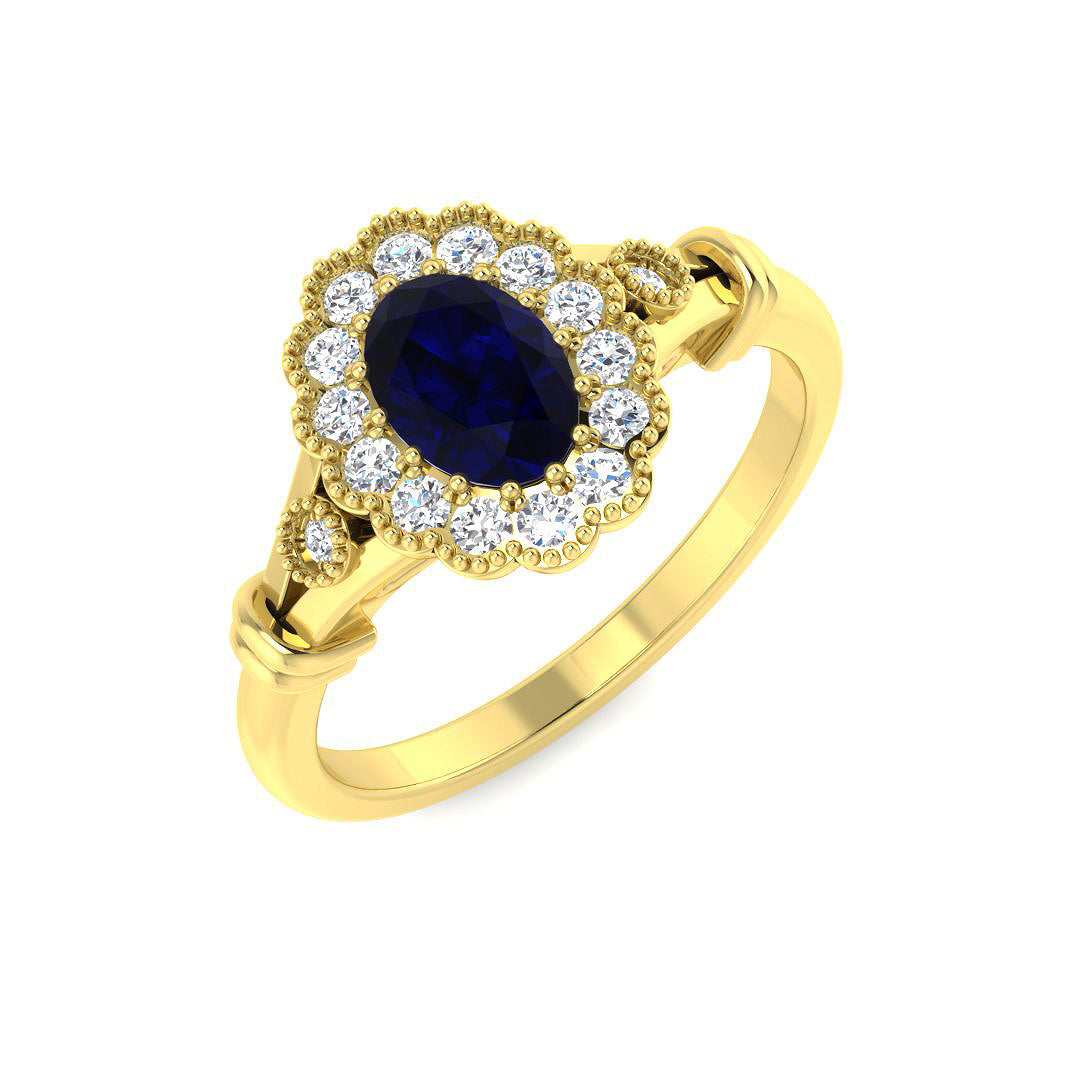 9ct Yellow Gold Oval Blue Sapphire and Diamond Ring 1