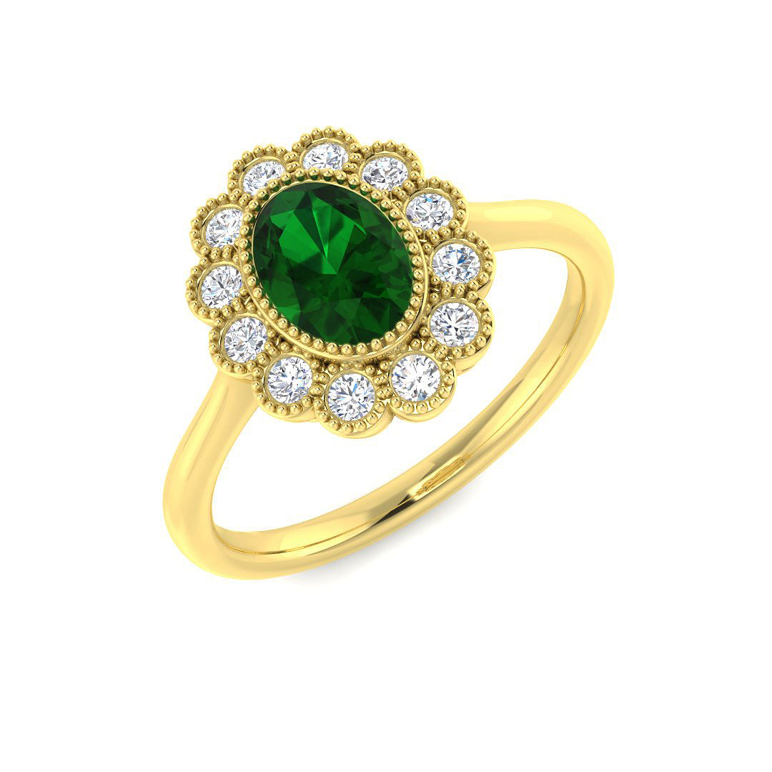 9ct Yellow Gold Oval Emerald and Diamond Ring 1